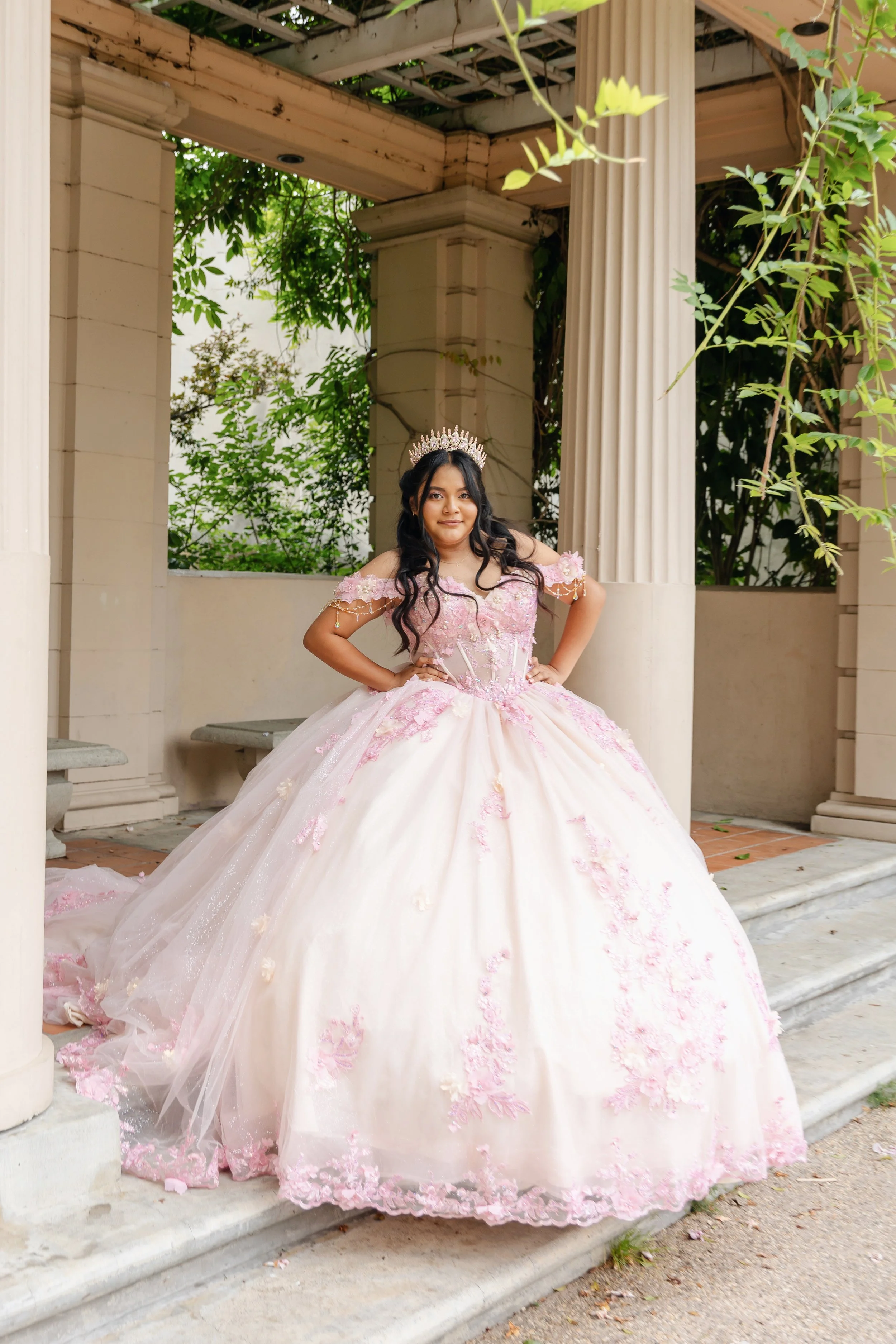 A young woman in a pink ball gown and crown standing on steps under a pergola with green foliage behind her.