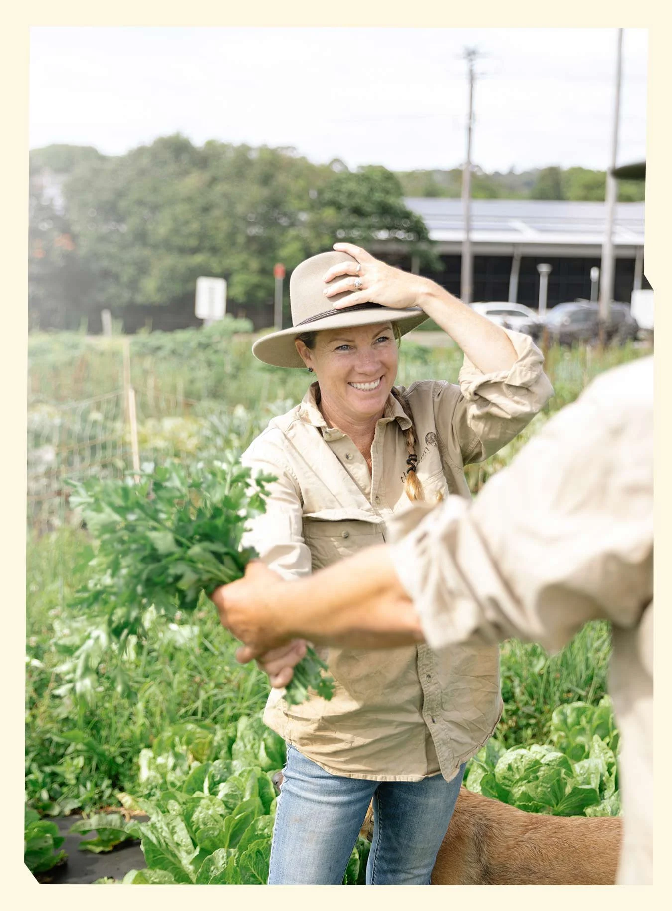 A woman in a beige button-up shirt and jeans smiling as she receives a bunch of greens from another person in a farm or garden setting, with a background of trees, plants, and parked cars.