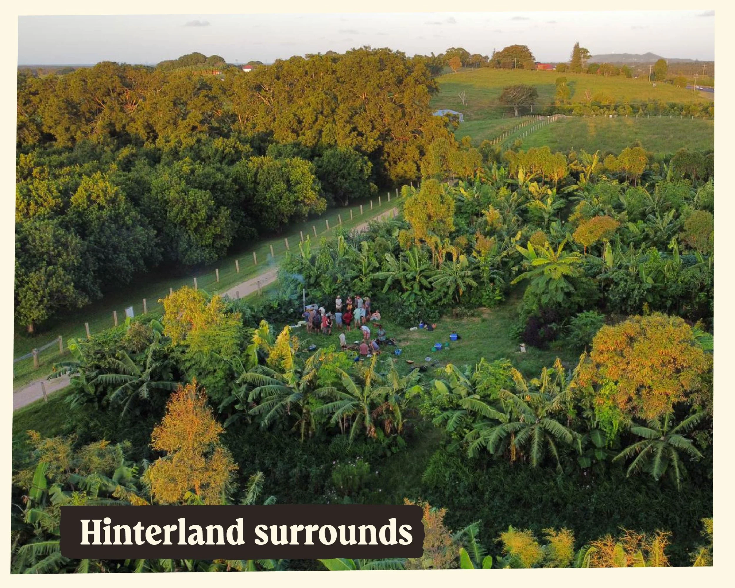 A lush green countryside with dense trees, open fields, and a group of people gathered on the grass in a rural area during daylight.