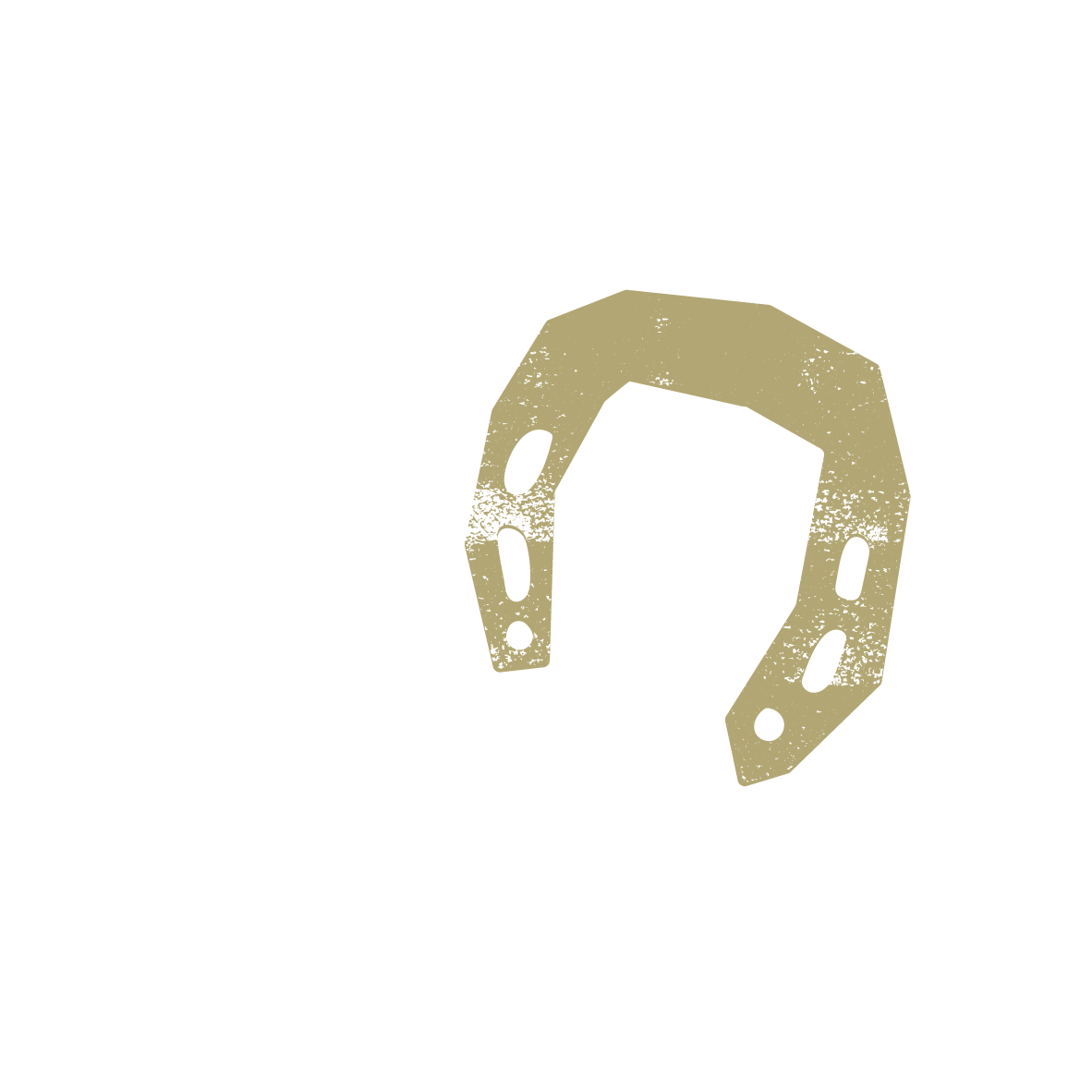 A graphic illustration of a horseshoe with a textured, distressed appearance, depicted in beige against a black background.