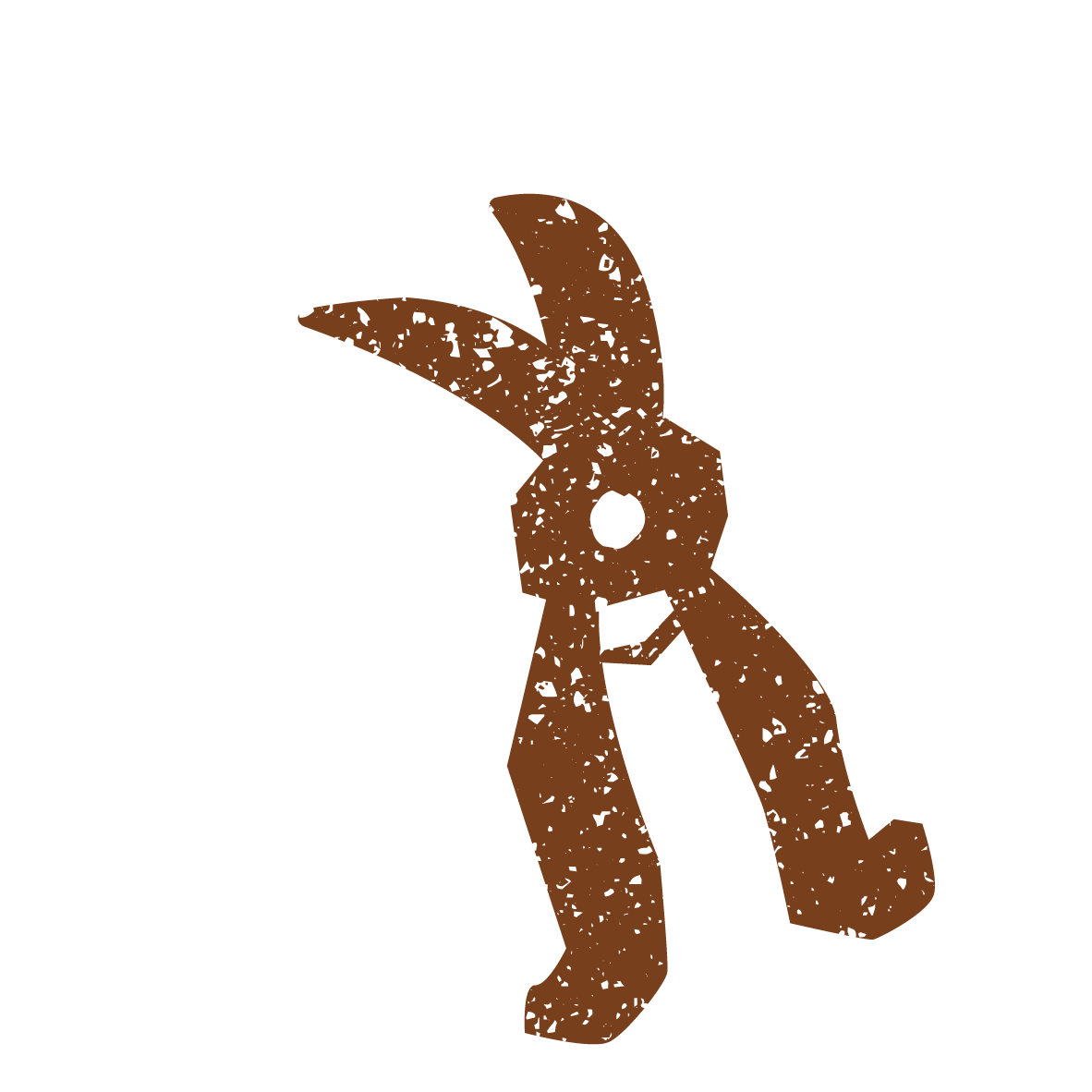 Silhouette of a pair of garden pruning shears with a distressed brown texture on a black background.