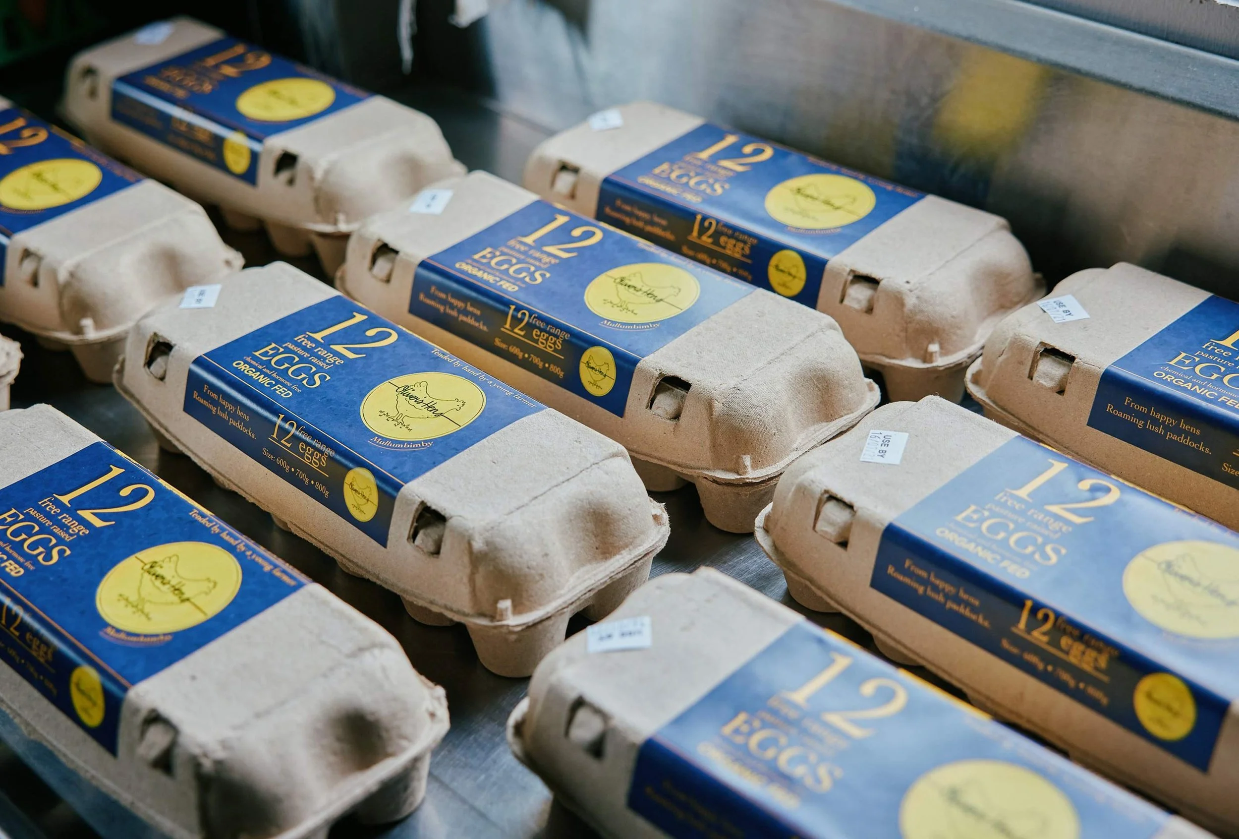 Multiple cartons of organic eggs with blue and yellow labels on a metal surface.