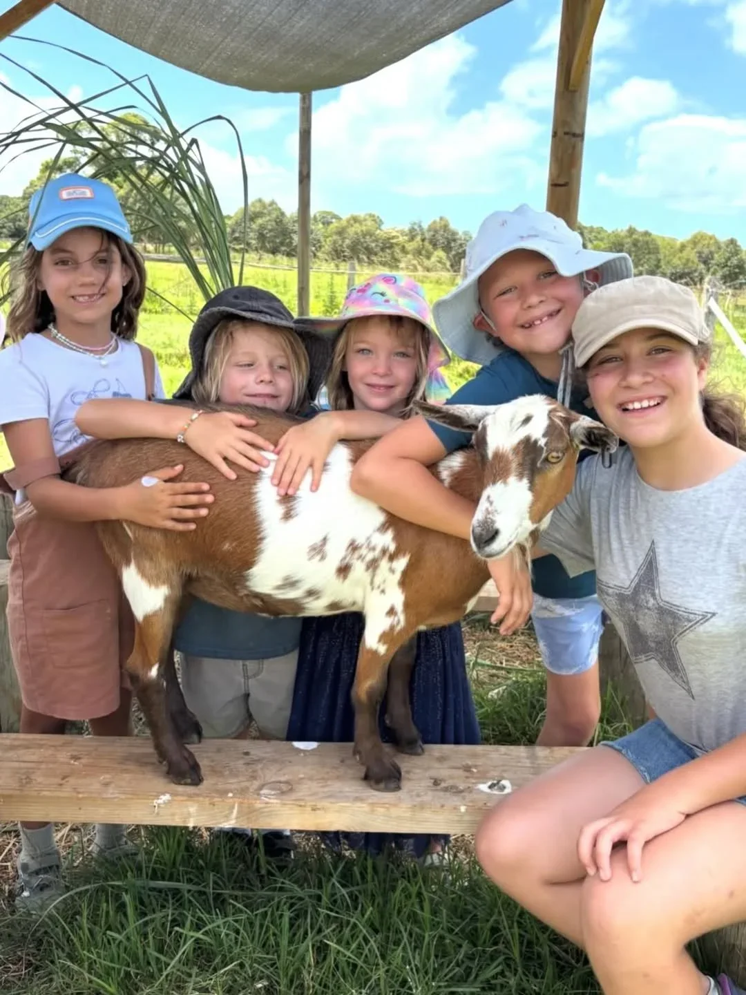 Six children with hats smiling and hugging a brown and white goat on a farm.