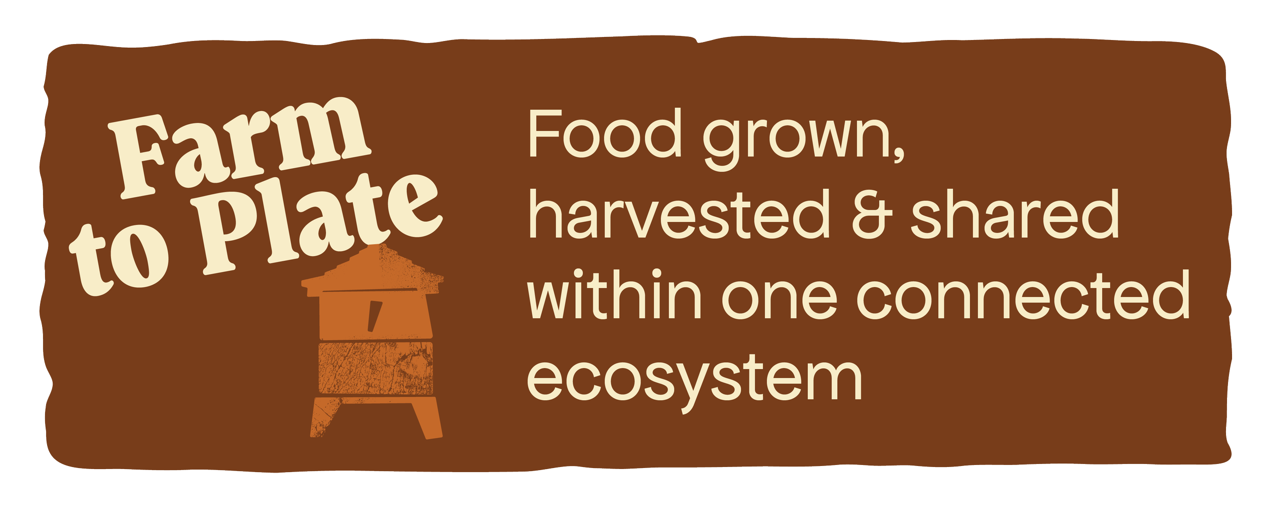A brown background sign with the words 'Farm to Plate' and a message about food grown, harvested, shared, and connected within an ecosystem, accompanied by a simple graphic of a silo or barn.