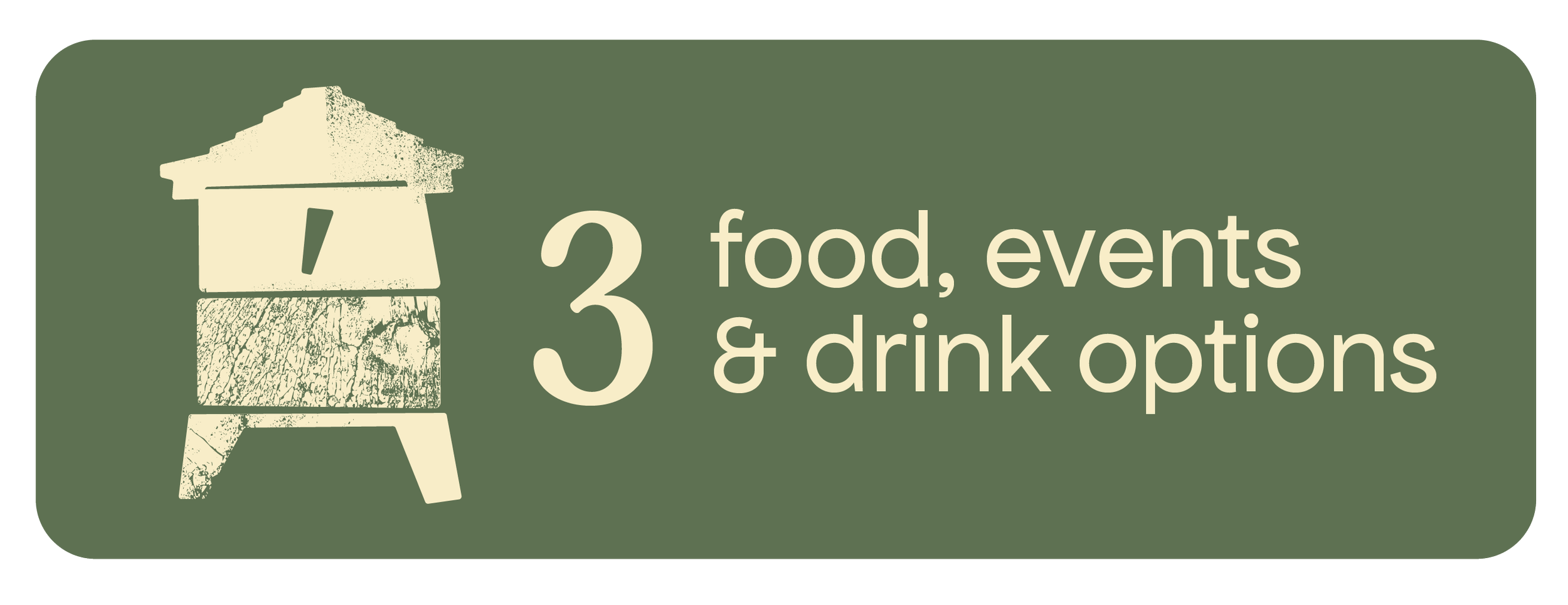 Graphic with a wood-burning stove illustration and text promoting food, events, and drink options.