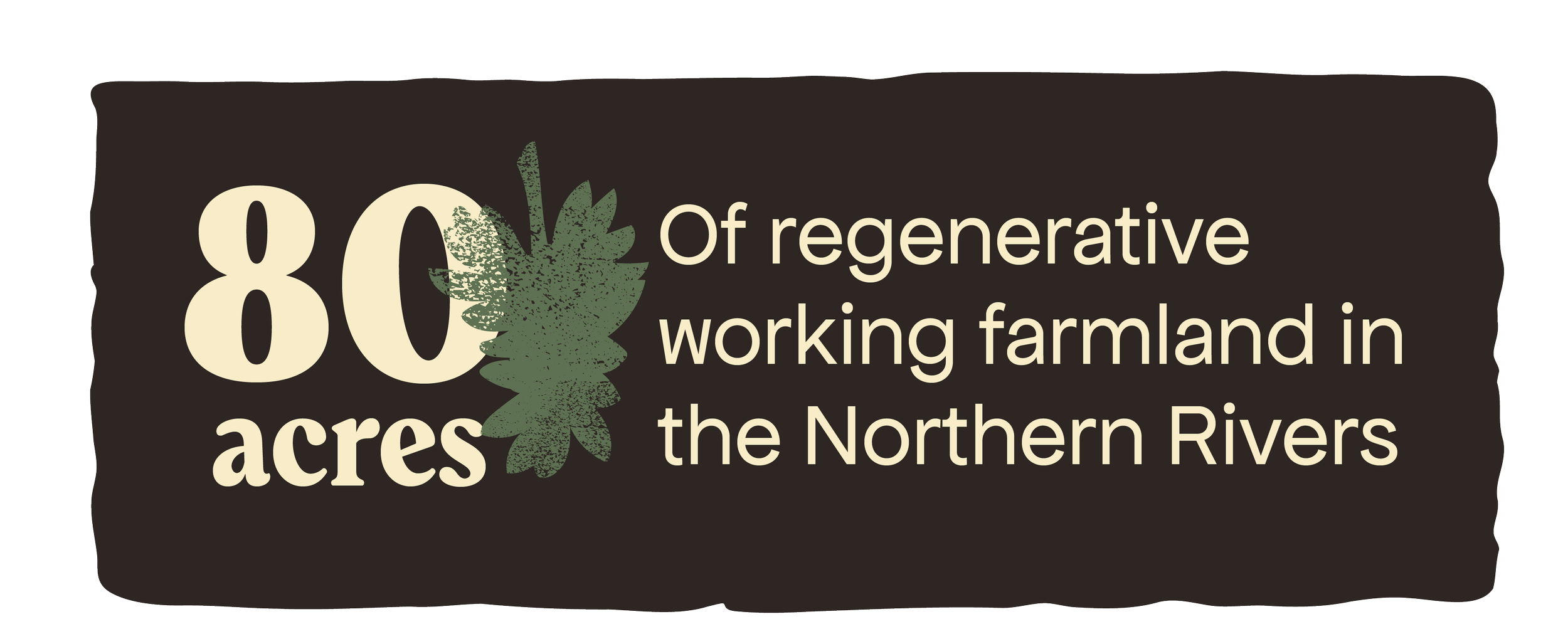 Text graphic reading '80 acres of regenerative working farmland in the Northern Rivers' with a green leaf illustration.