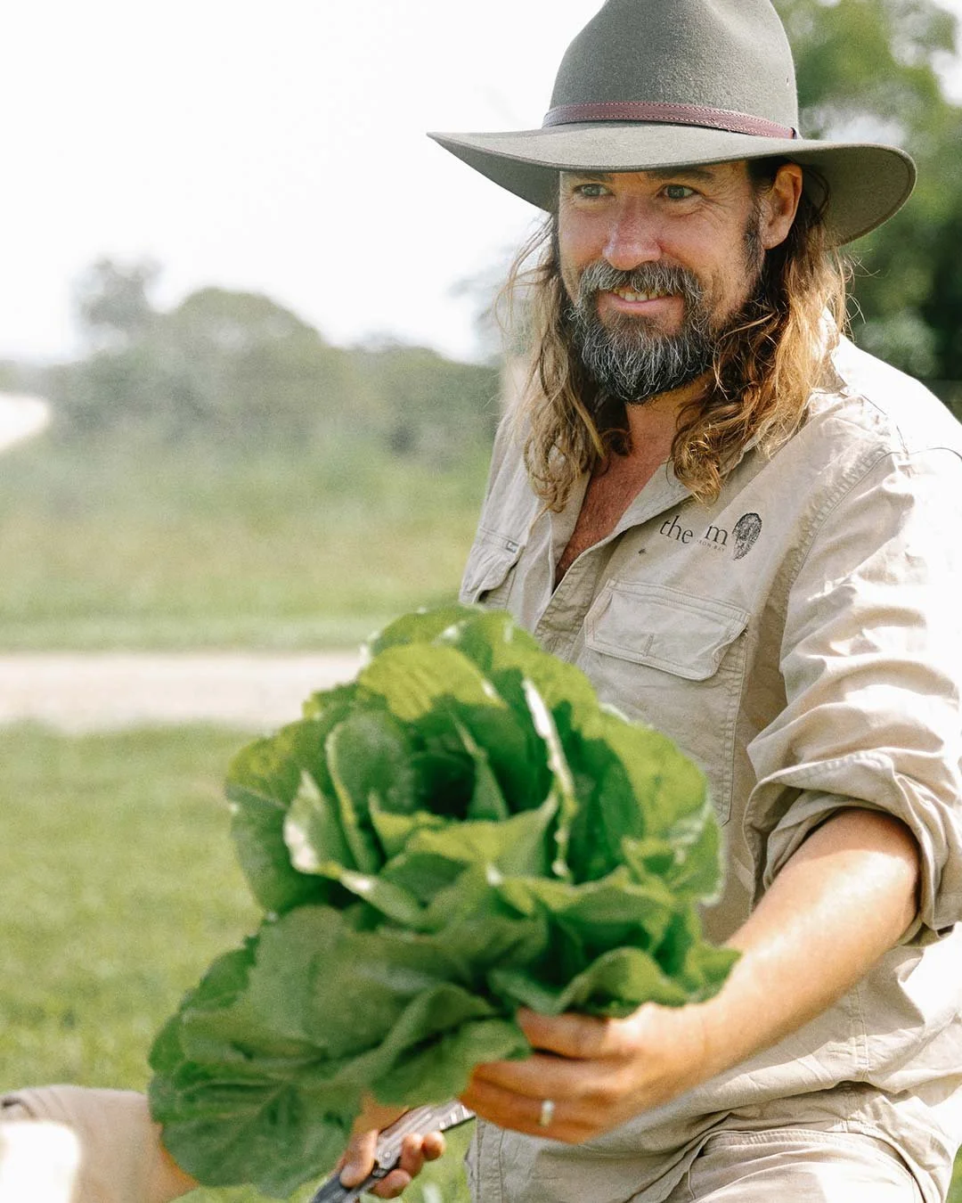 A man with a beard wearing a wide-brimmed hat and light-colored shirt offers a head of leafy green lettuce outdoors.