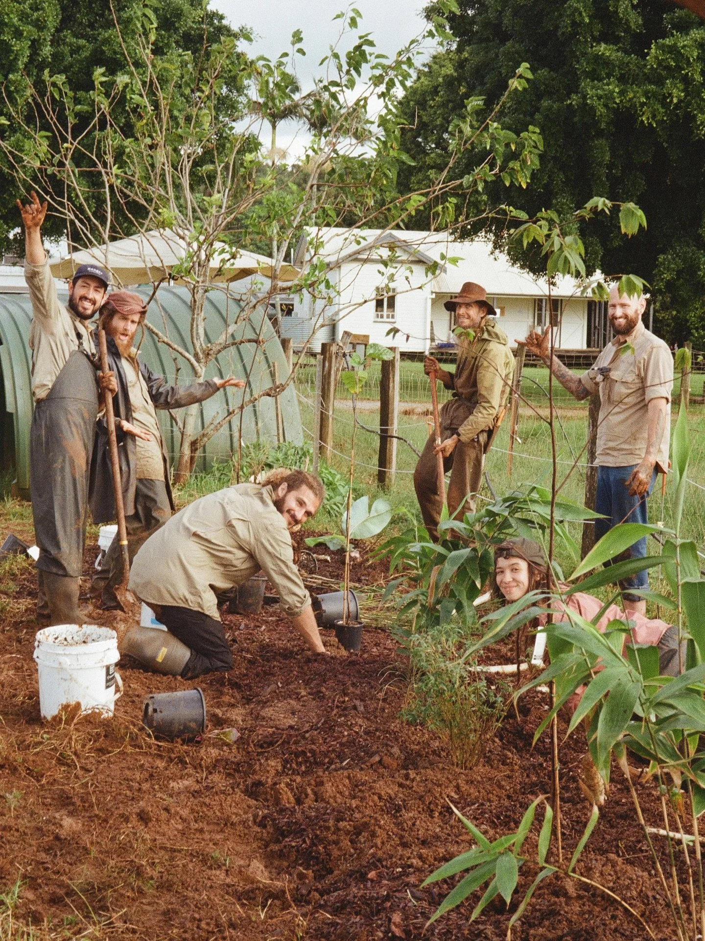 A group of people planting trees and gardening outdoors on a farm or garden area.