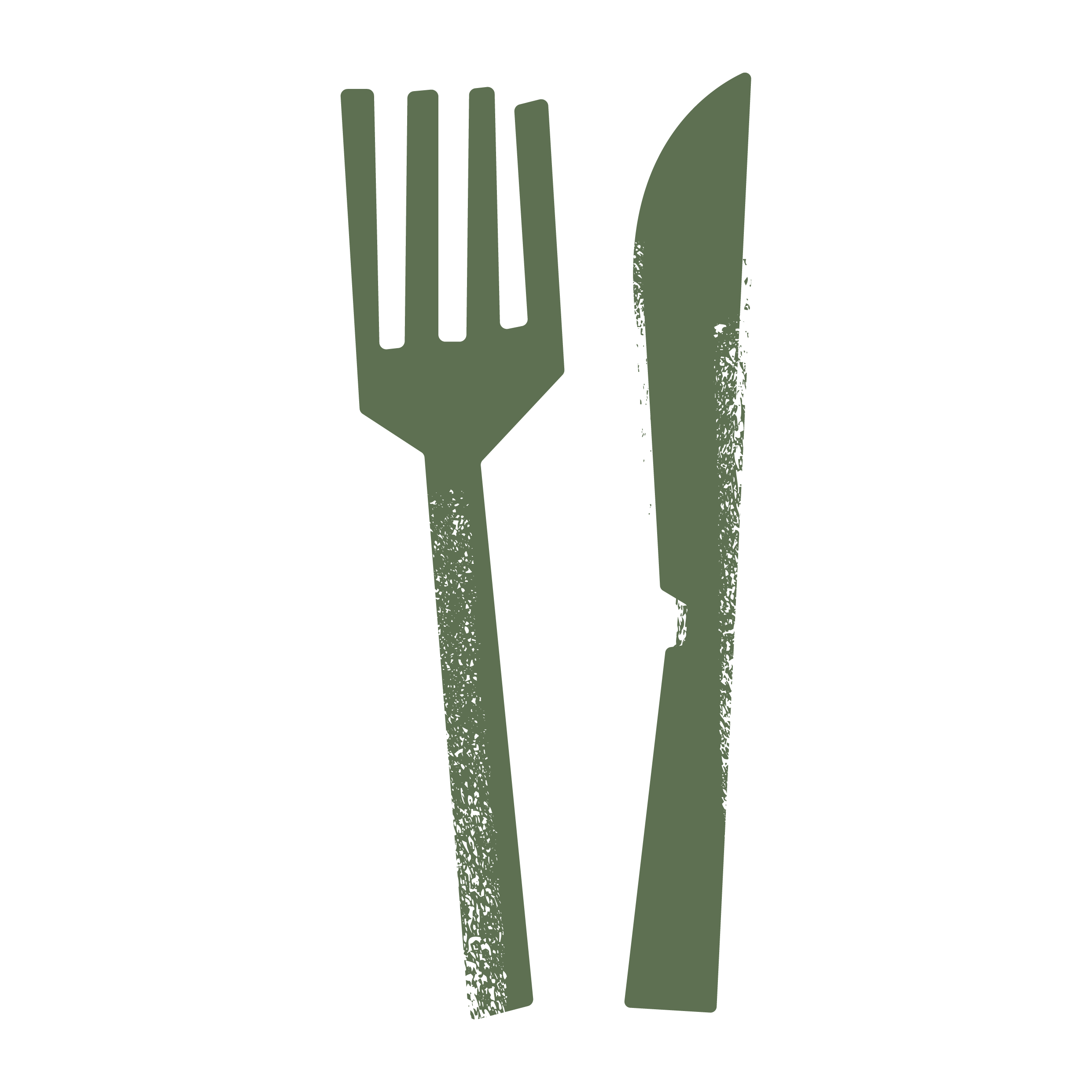 Green stylized illustration of a fork and a knife.