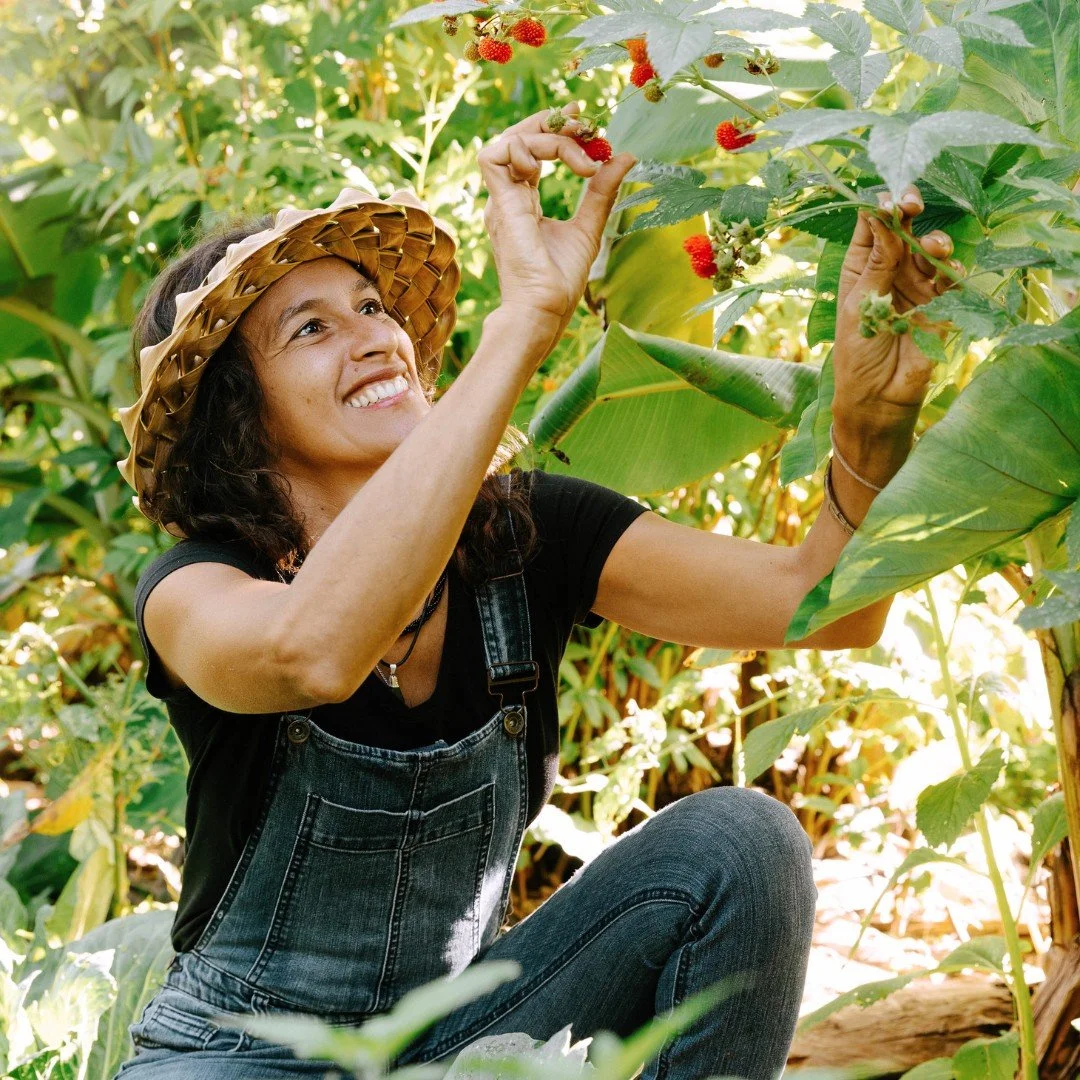 A woman wearing a straw hat and black overalls is picking red berries from a bush in a lush green garden.