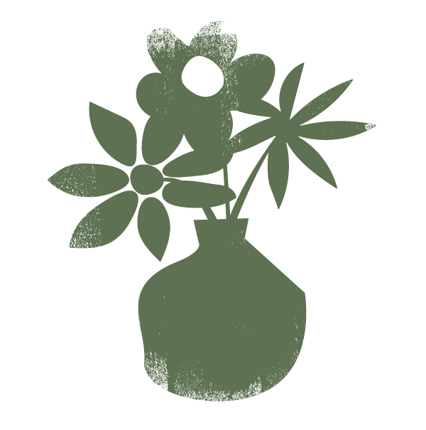 Silhouette of a vase with flowers and leaves.