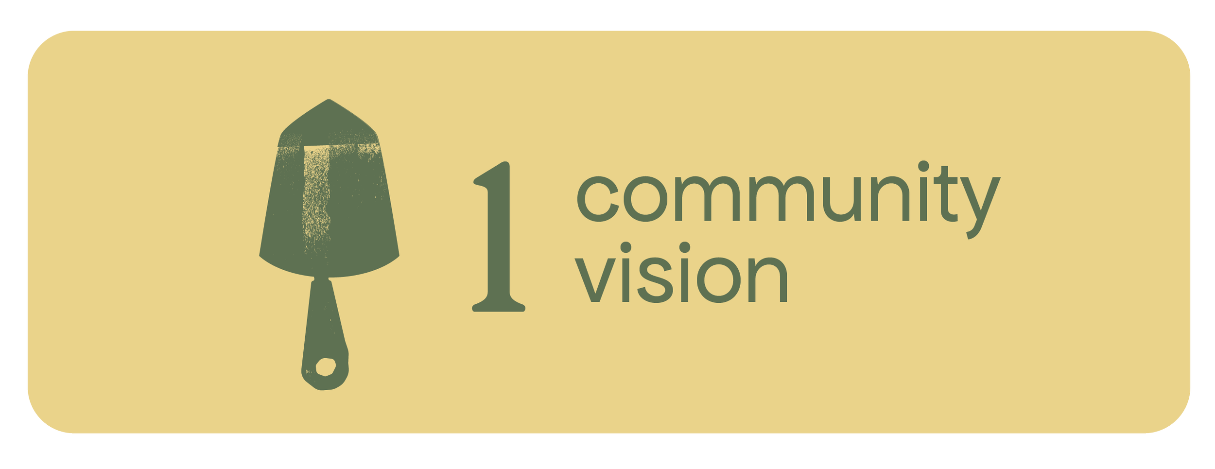 A logo with a green hand tool on a beige background, and the text '1 community vision'.