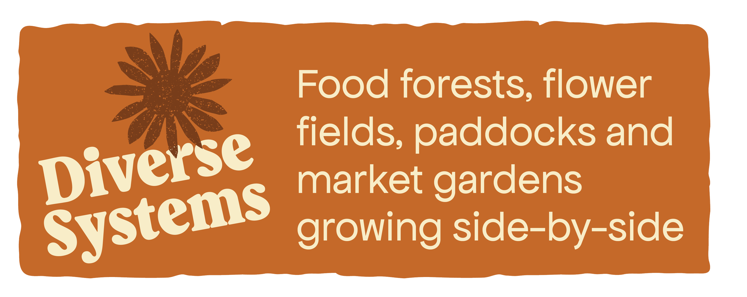 Text on a brown background reading: Divide systems. Food forests, flower fields, paddocks, and market gardens growing side-by-side.