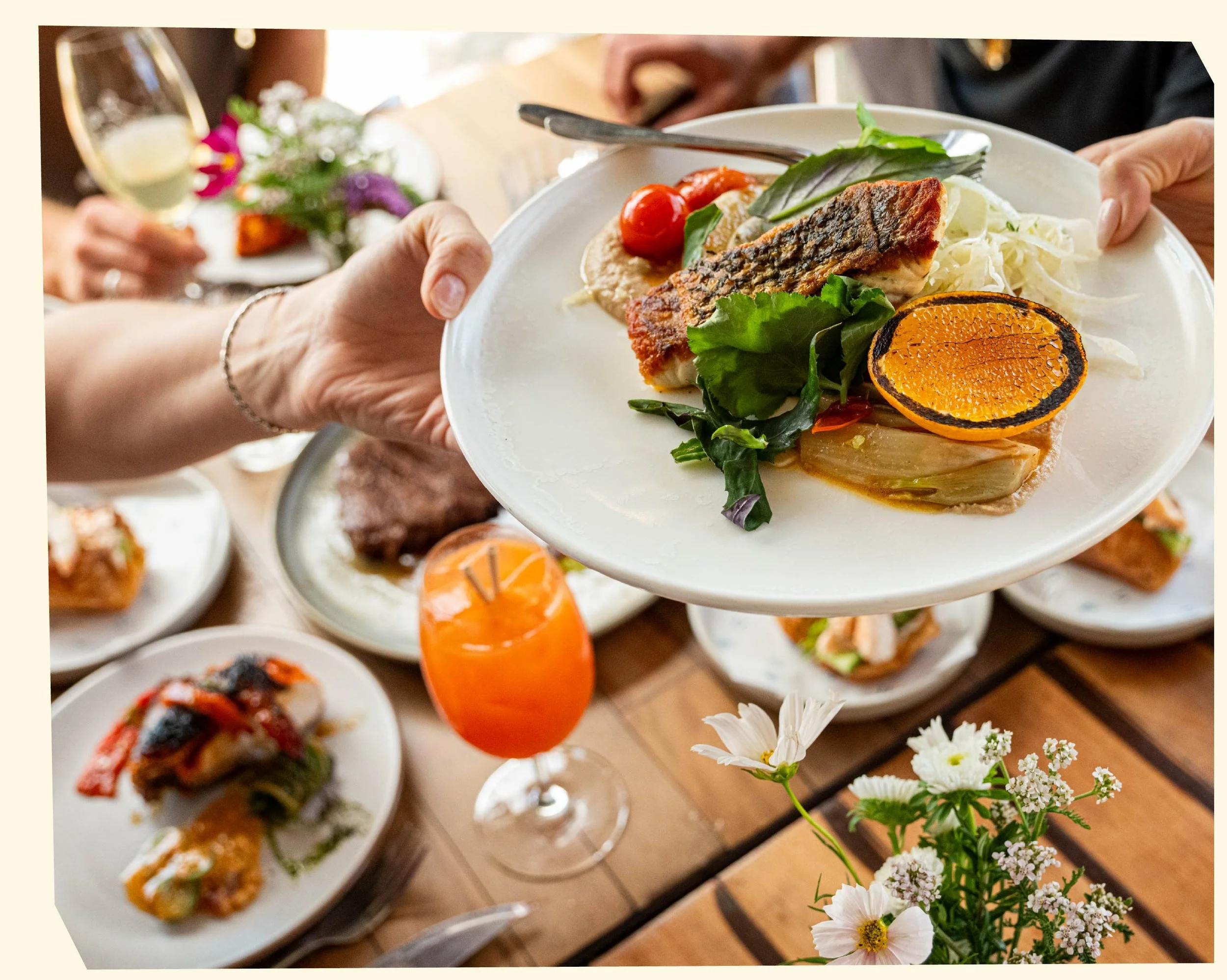 Close-up of a plate of food with grilled fish, cherry tomatoes, fresh basil, shredded cabbage, and a roasted orange slice, with a blurred background of other dishes and a woman holding a glass of wine.