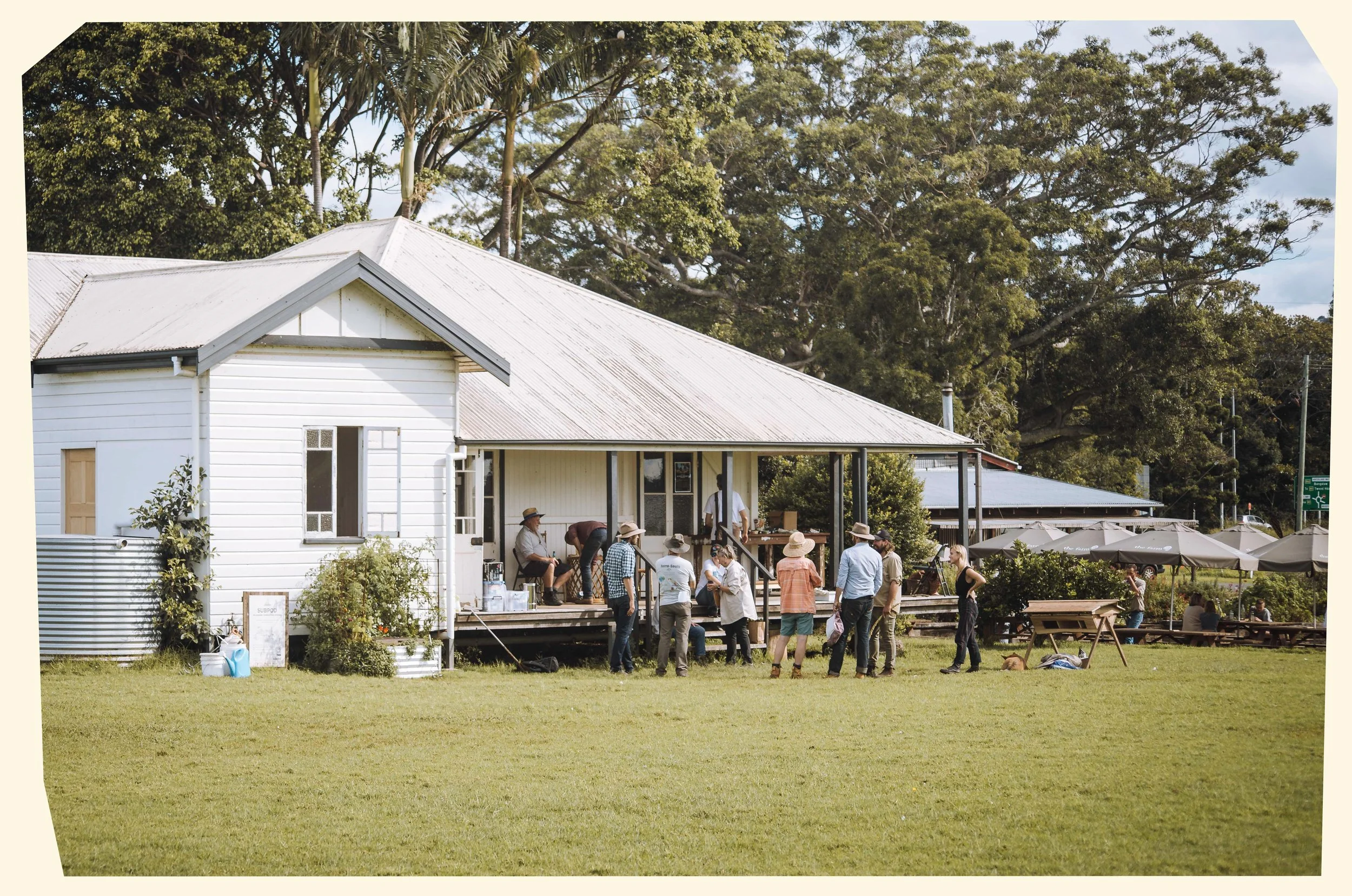People gathered outside a white building with a metal roof, some sitting on the porch and others standing nearby, surrounded by green trees and umbrellas in the background.