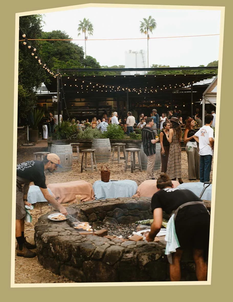 People gathered at an outdoor event with string lights overhead, some standing and talking, others near a fire pit with chefs tending to food, and a bar or food area in the background surrounded by trees and palm trees.