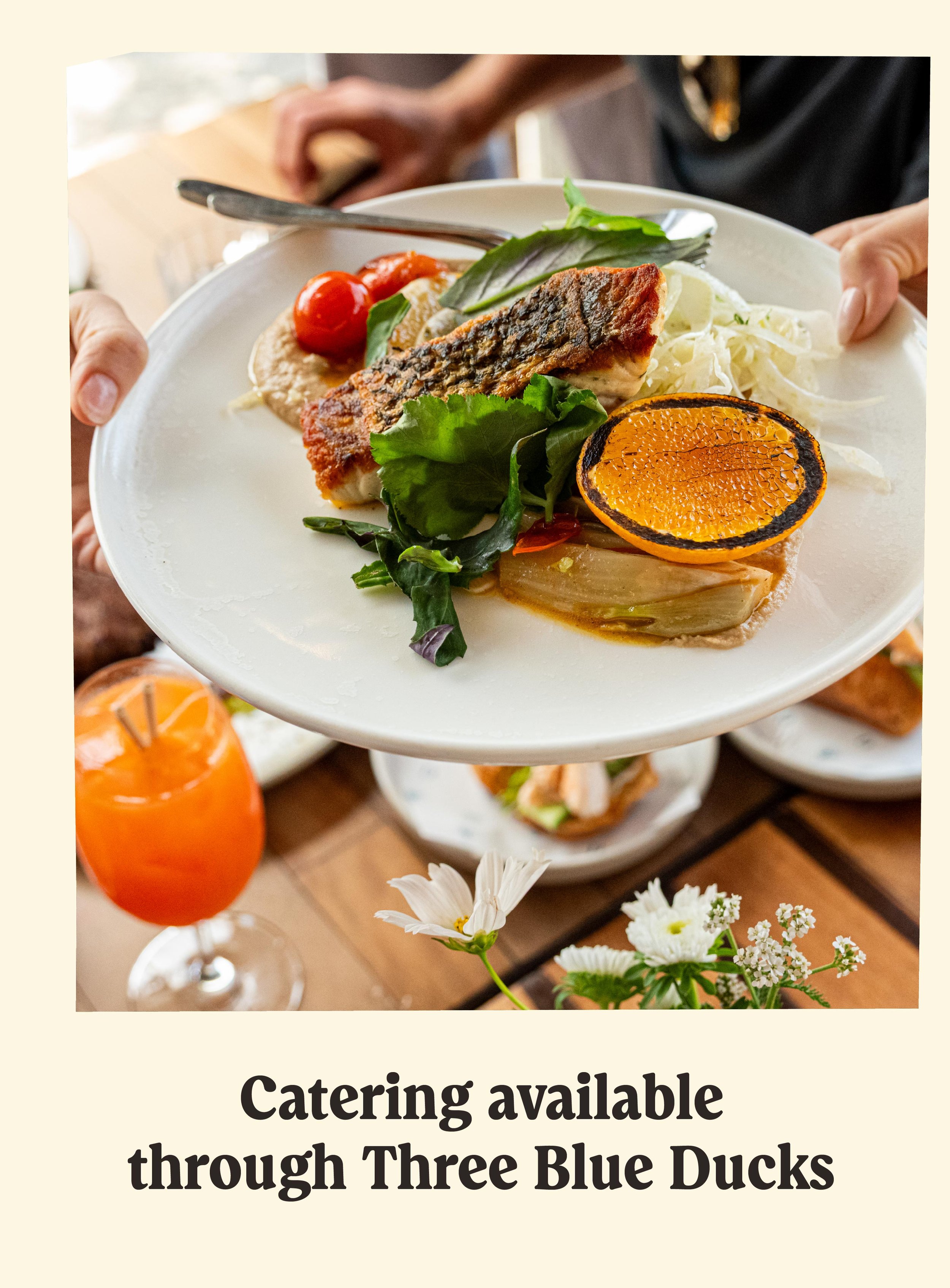 A person holding a white plate with gourmet food including grilled fish, cherry tomatoes, leafy greens, and a grilled orange slice. There are flowers and a glass of orange-colored drink on a wooden table in the background.