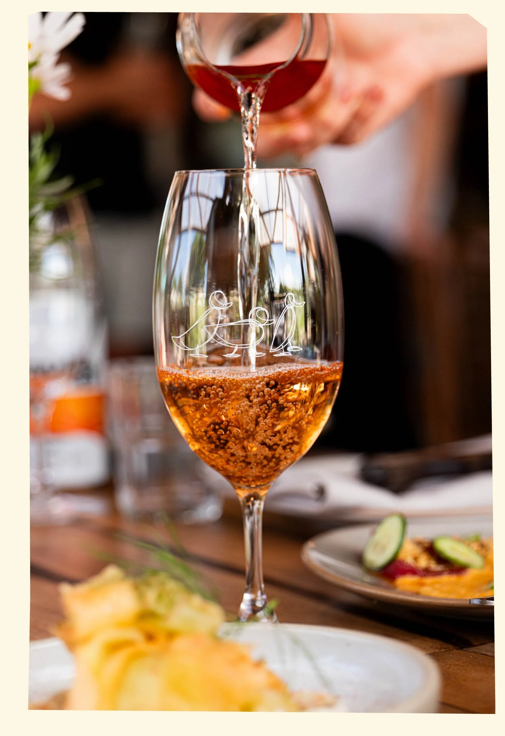 Person pouring red wine into a tall wine glass with a design of three women sitting and talking. In the background, there's a plate with food, including sliced cucumbers, on a wooden table.