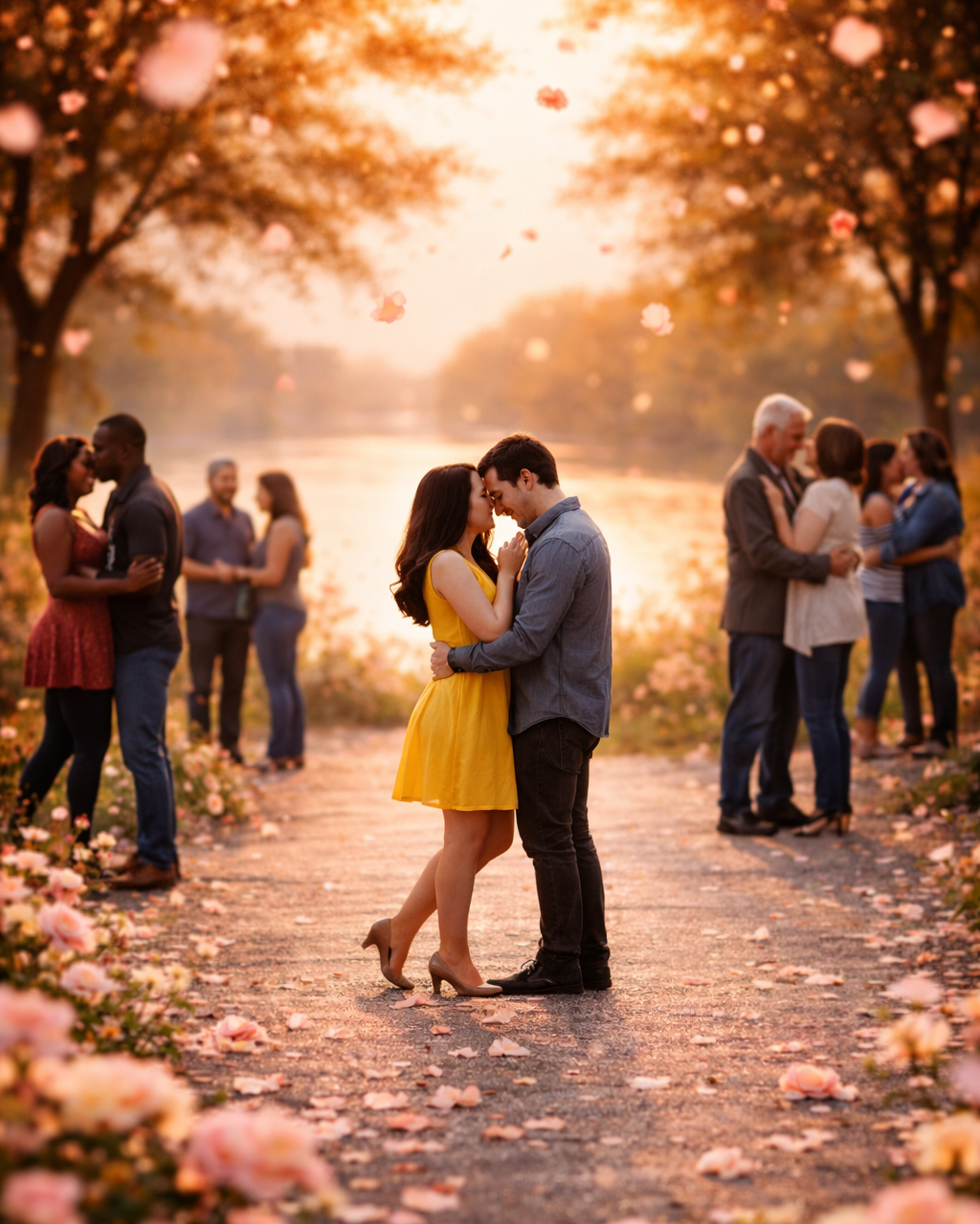 Couple dancing closely in the center of a path lined with pink flowers during sunset, with four other couples dancing in the background amidst trees and a body of water.