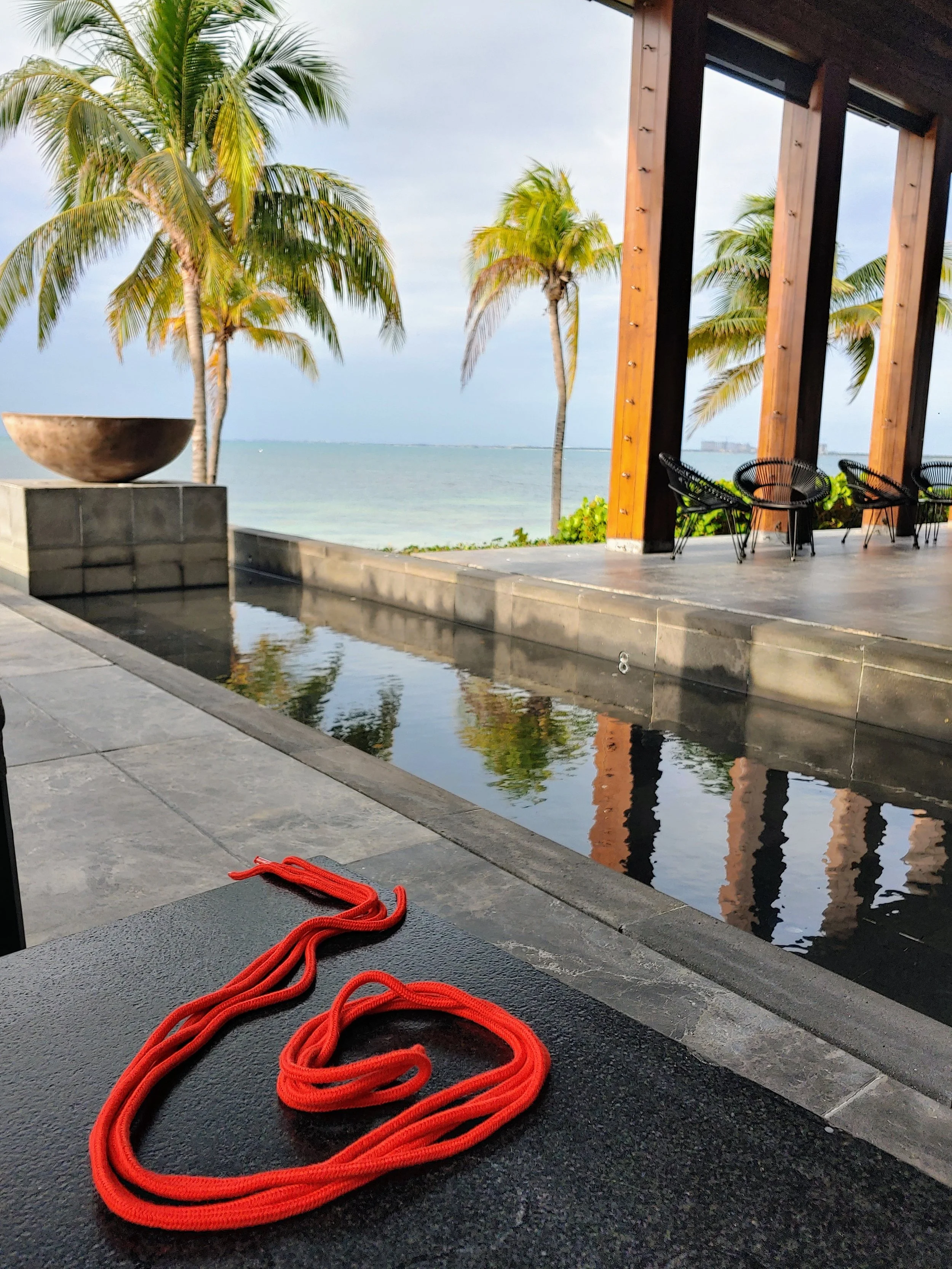 View of a tropical outdoor setting with palm trees, a pool, and a beach in the background. There are black chairs and a table on the patio, and a red rope on a dark surface in the foreground.