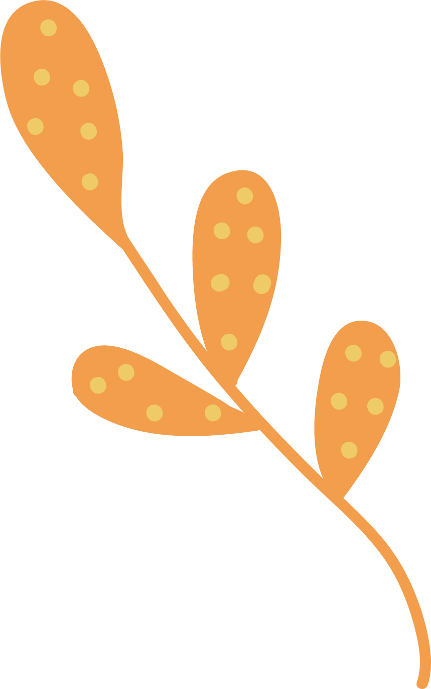 Illustration of an orange sprig with leaves, dotted with yellow spots.