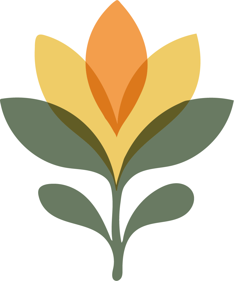 A stylized illustration of a flower with four orange and yellow petals and green leaves.