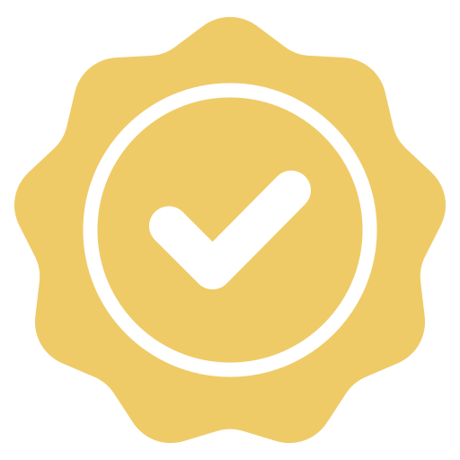 Gold badge with a checkmark in the center indicating approval or certification.