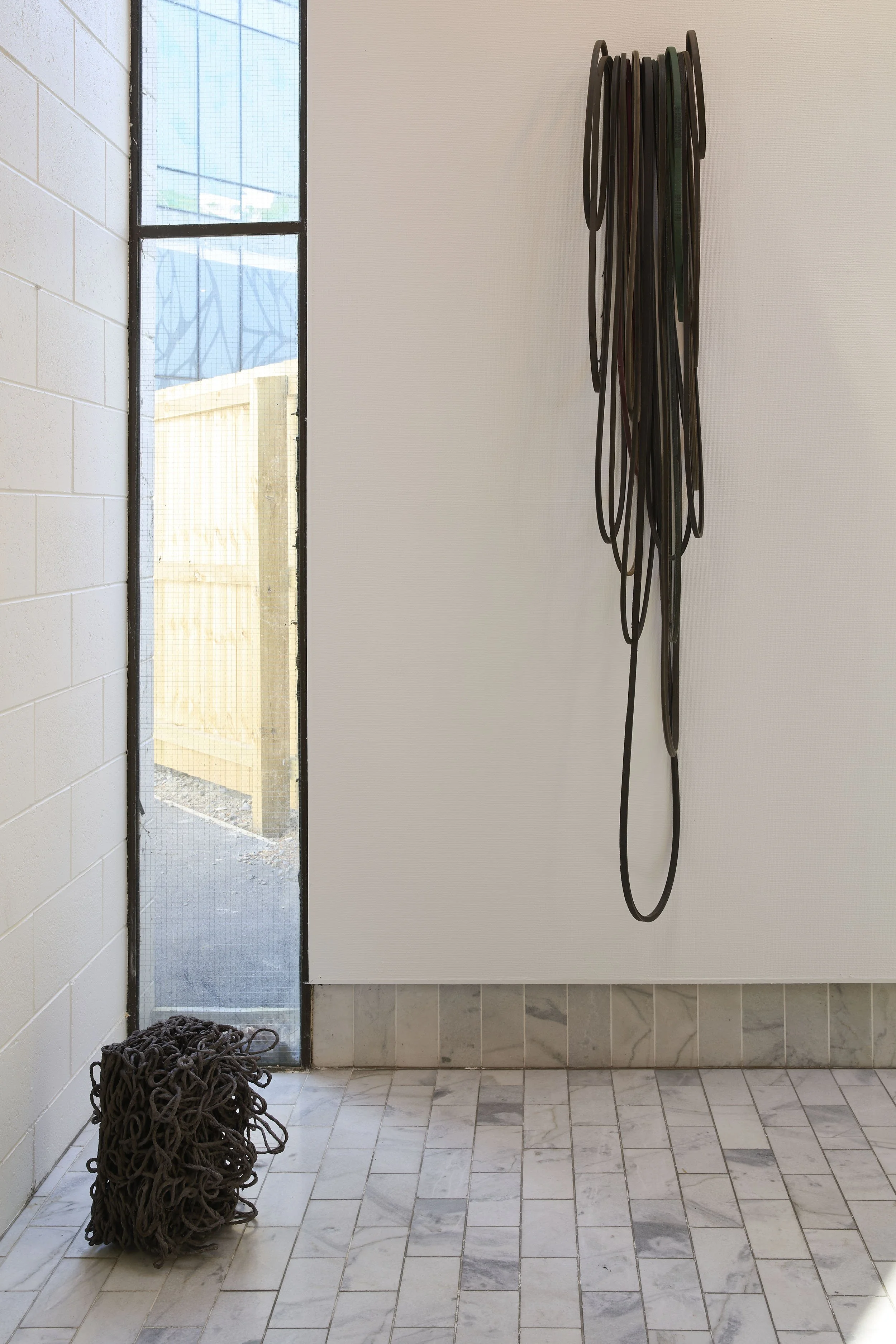 Climbing ropes hanging on the wall and a pile of tangled climbing ropes on the floor near a glass door.