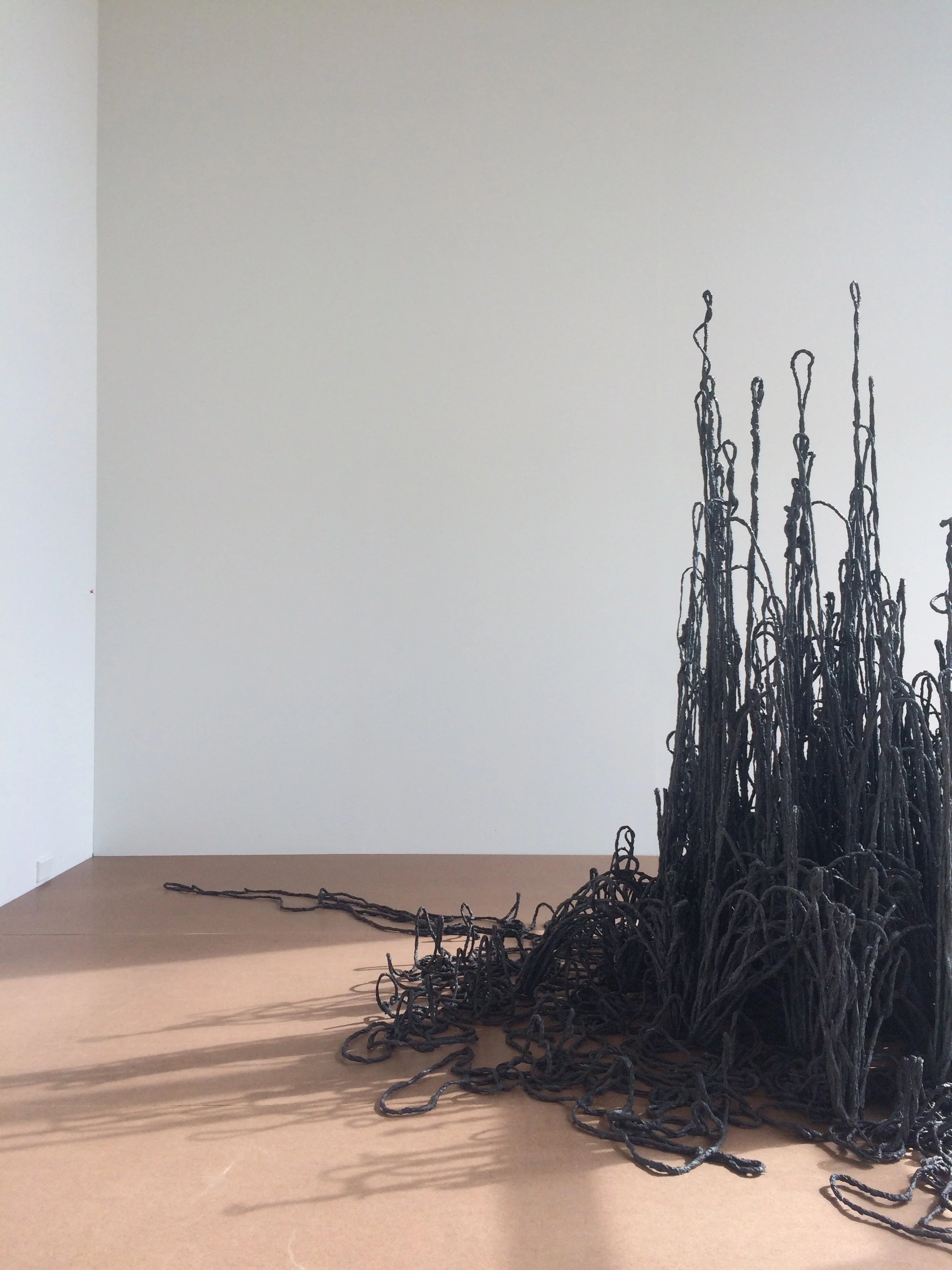 An art installation of tangled black ropes piled on the floor and extending upward into tall, thin vertical shapes casting shadows on the ground, set against a plain white wall.