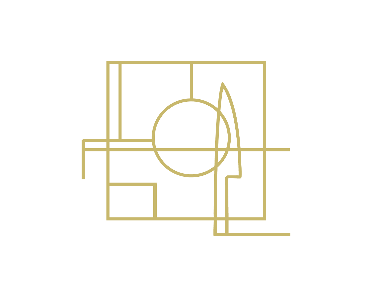 Minimalist gold line art abstract geometric design with various rectangles, a circle, and a curved shape on a white background.