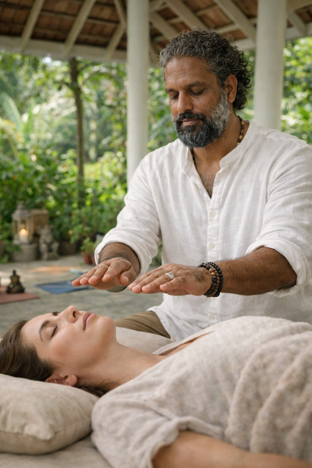 A man giving a healing or energy healing session to a woman lying down outdoors in a natural setting.
