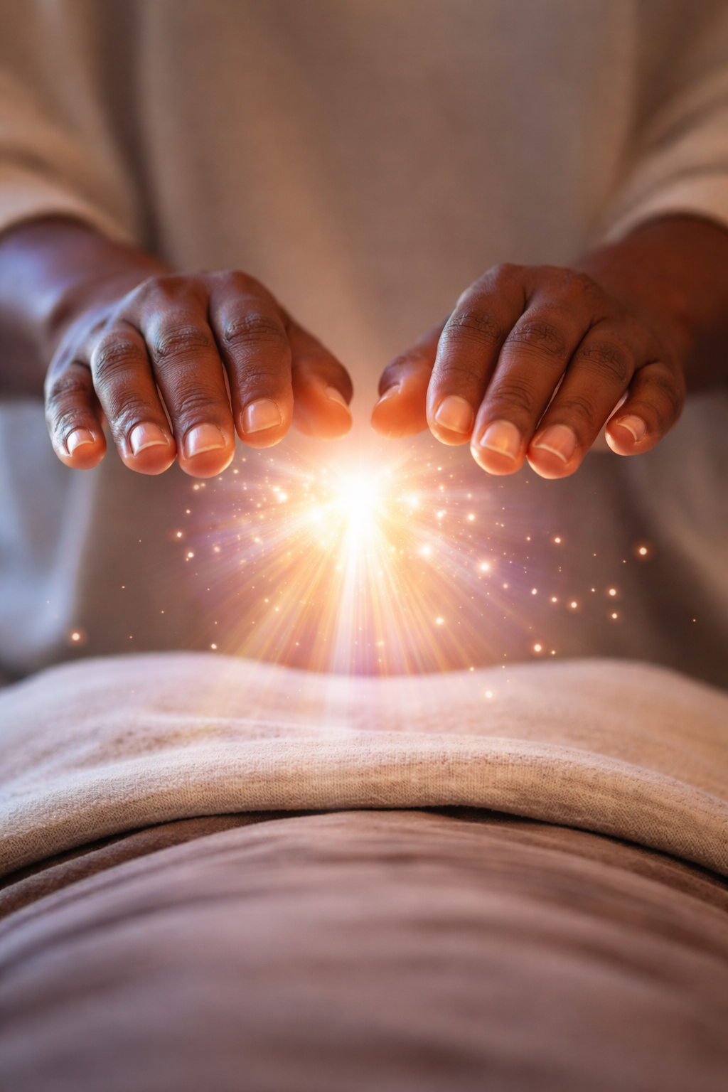 Hands of a person performing energy healing or Reiki over a person's abdomen, with bright light and sparkles emanating from the hands.