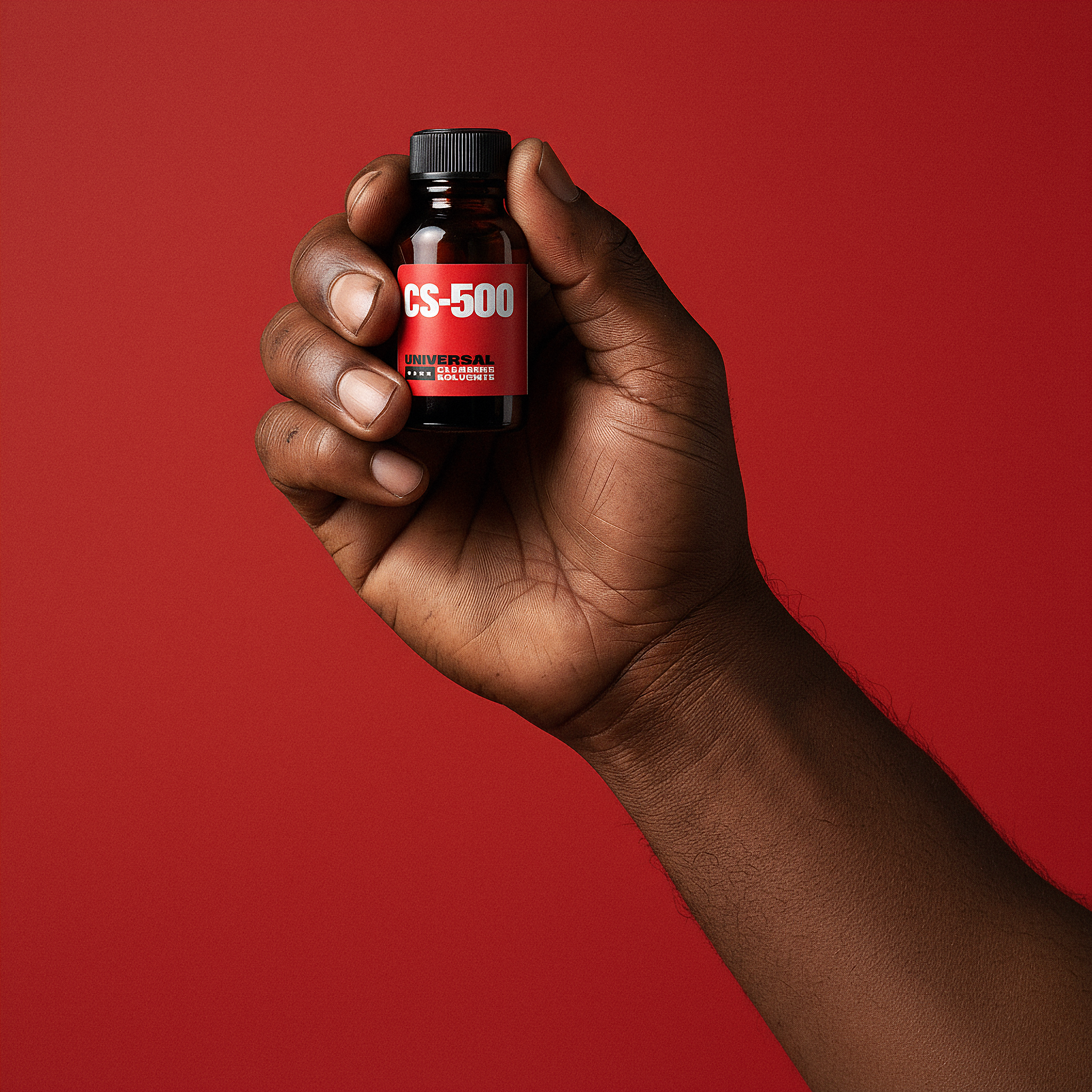 A hand is holding the CS-500 bottle against a red background.