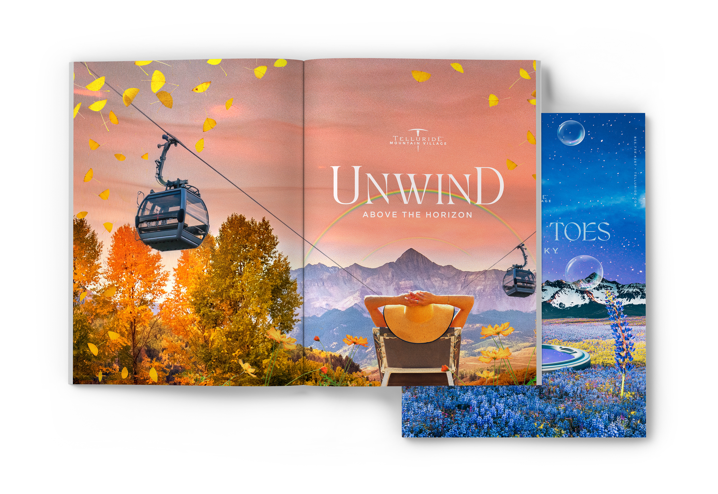 A colorful promotional poster for Telluride Mountain Village with a background of mountains, trees with autumn leaves, and a large sky. The poster features a gondola lift, a rainbow, a person relaxing in a deck chair, and the text "Unwind Above the Horizon."
