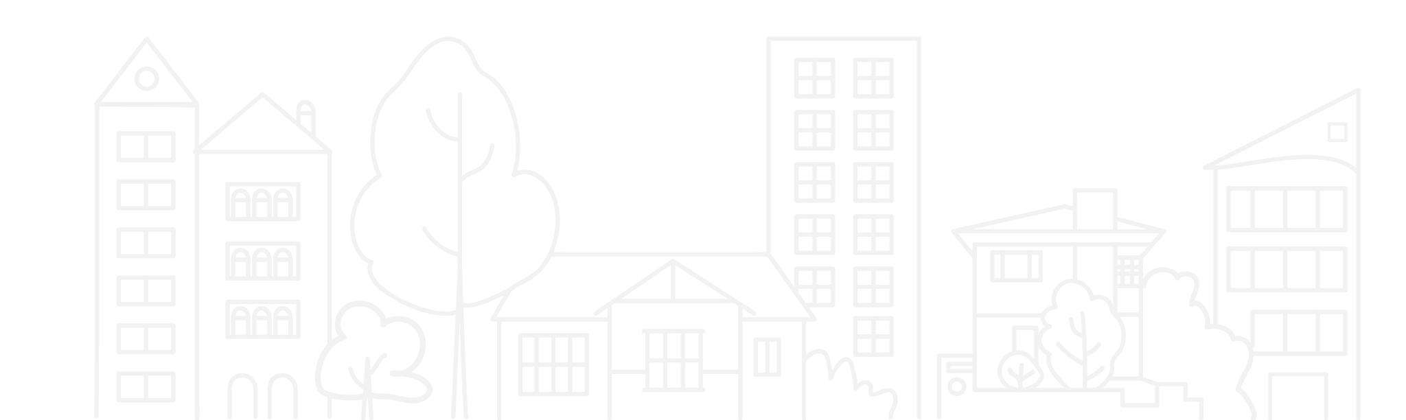 Outline drawing of a cityscape with various buildings, trees, and shrubs against a black background.