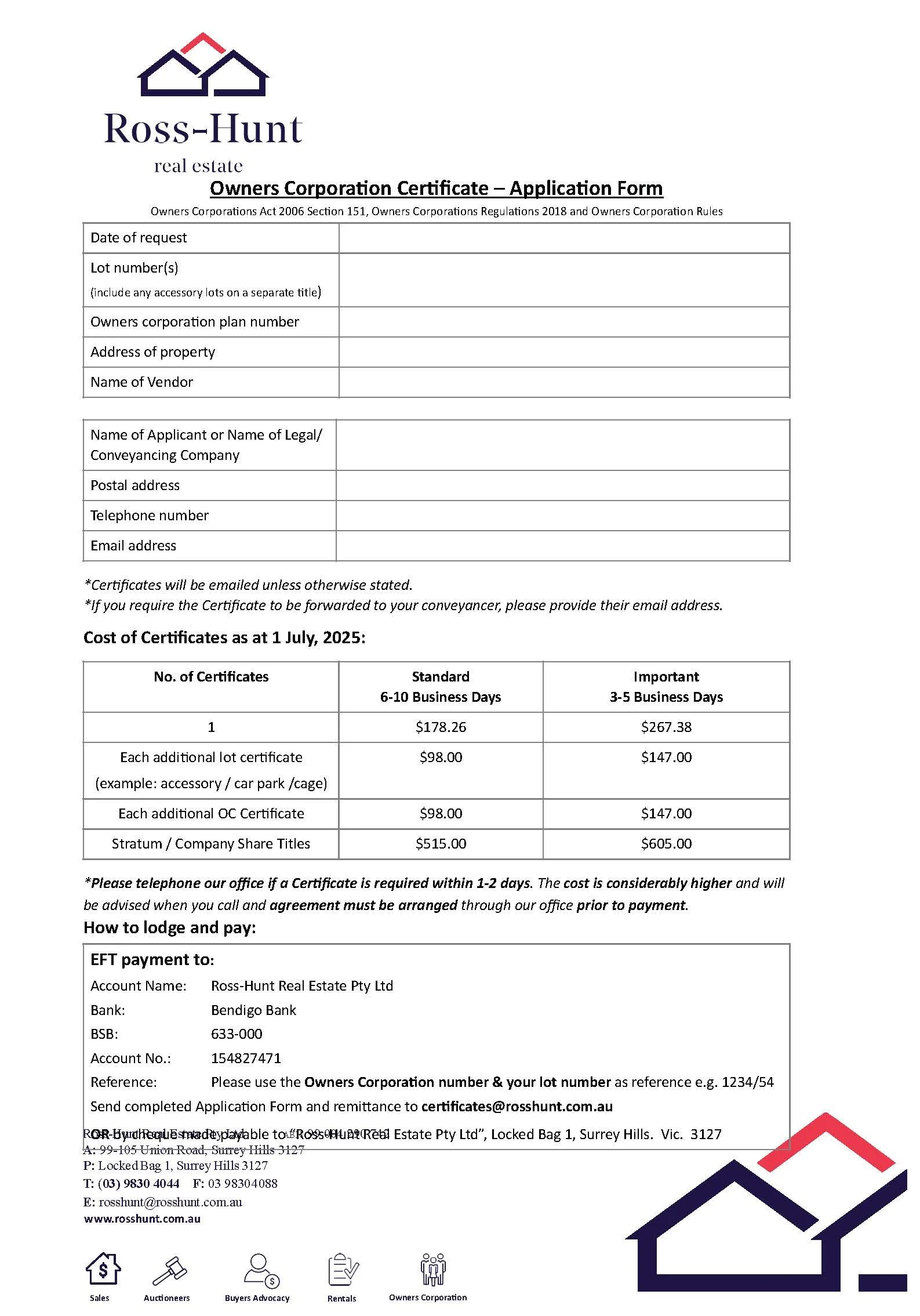 A real estate owners corporation certificate application form from Ross-Hunt Real Estate, including sections for property details, applicant information, cost of certificates, and payment instructions, featuring the company's logo with two overlapping houses.