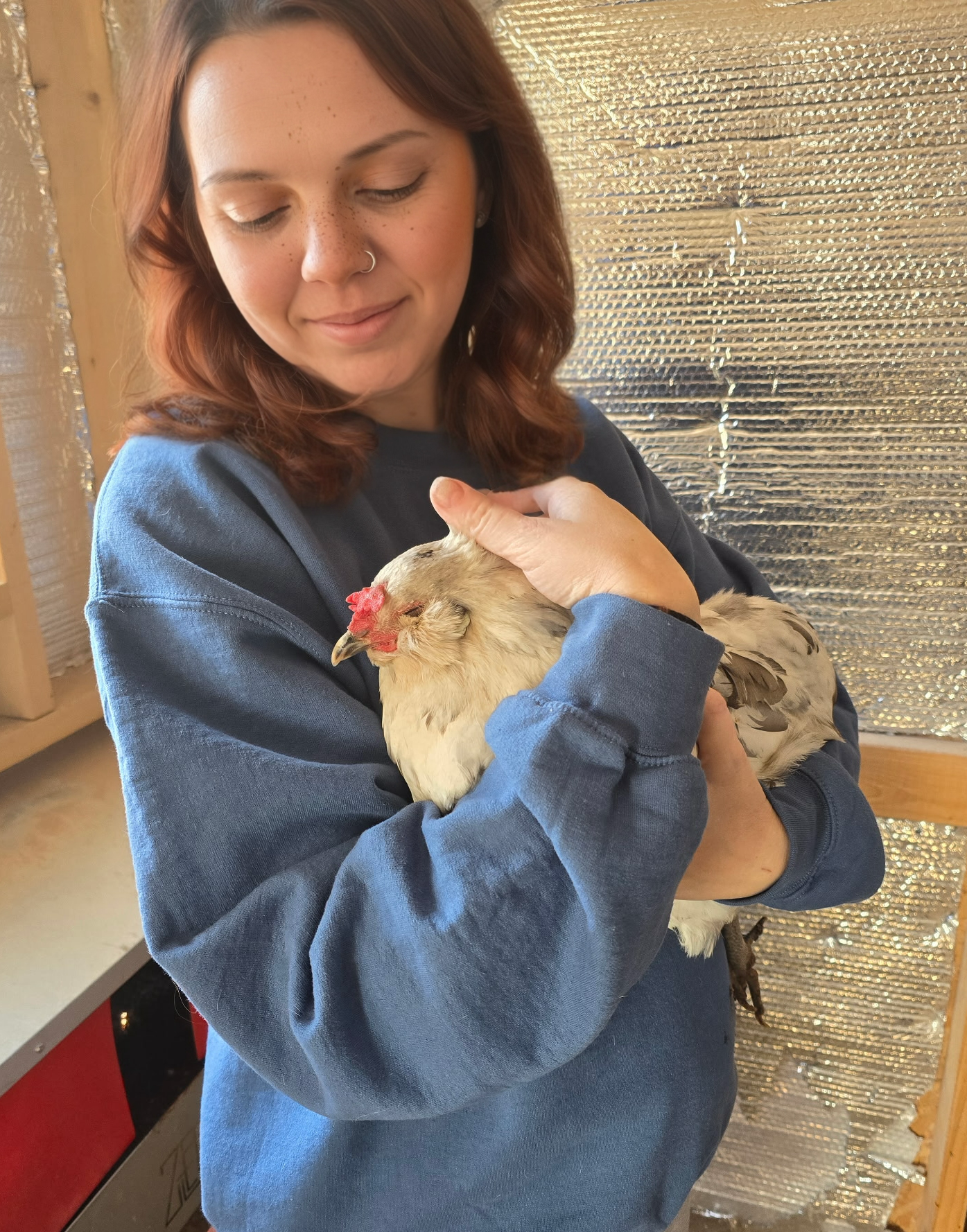 A woman with red hair, wearing a blue sweatshirt, holding a small chicken in her arms, gently cradling it with her eyes closed and a content expression.