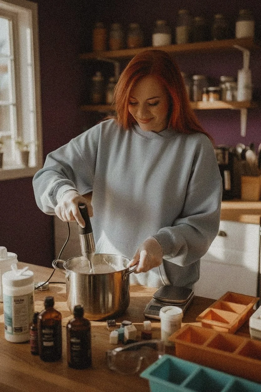 A woman with red hair, wearing a gray sweatshirt, prepares medicine with a mortar and pestle in a cozy kitchen.