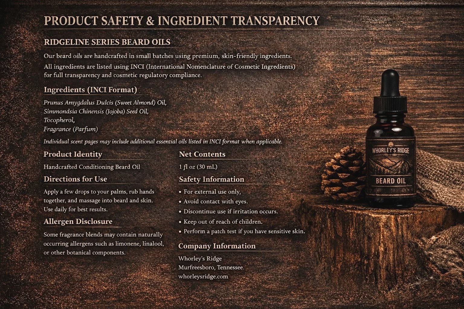 Product label for Whorley's Ridge handcrafted conditioning beard oil, featuring ingredients, usage instructions, safety information, and company details, with a bottle of beard oil, a pinecone, and a piece of burlap fabric on a rustic wooden surface.