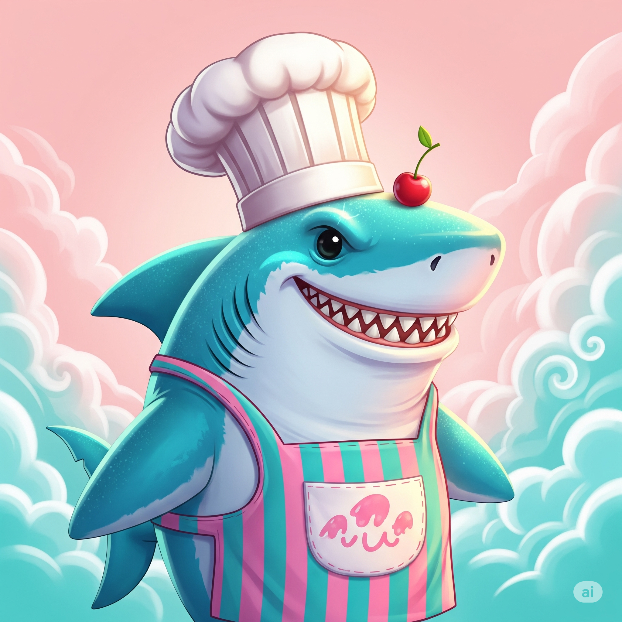 A cartoon shark with a chef's hat and apron, standing among puffy clouds, with a cherry on its head, smiling with a wide grin showing sharp teeth.