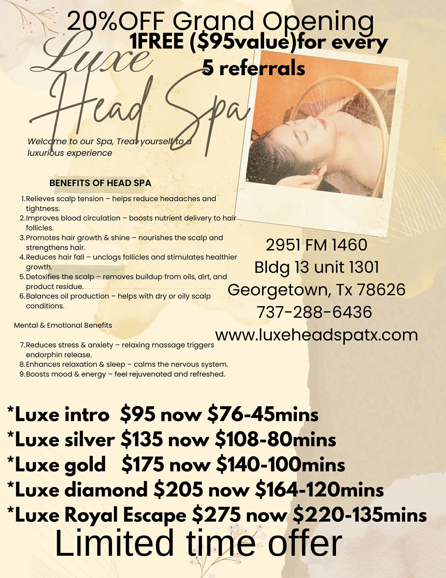 A flyer for Luxe Head Spa offering a grand opening promotion with 20% off and a free scalp treatment. It features a photo of a woman with her eyes closed, relaxing during a spa treatment. The flyer lists benefits of head spa therapy and pricing for various package options.
