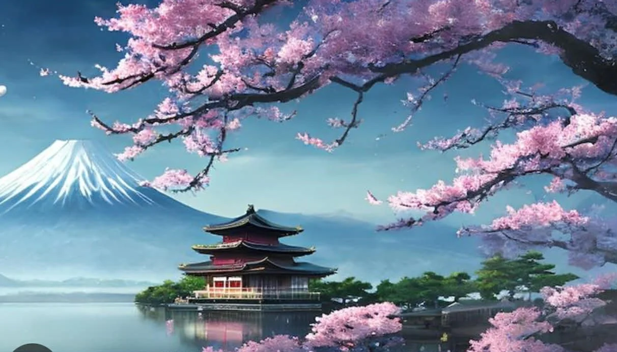 Scenic view of a traditional Japanese pagoda by a lake, with cherry blossoms in full bloom and Mount Fuji in the background.