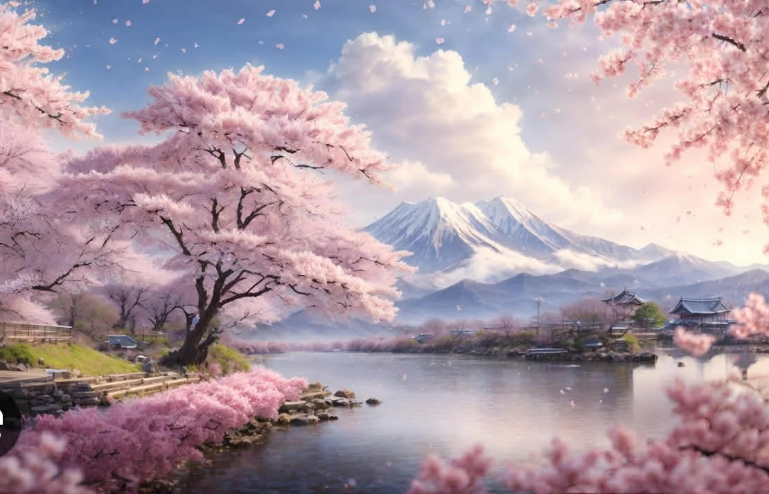 Cherry blossoms in full bloom along a river with Mount Fuji in the background under a blue sky with clouds.
