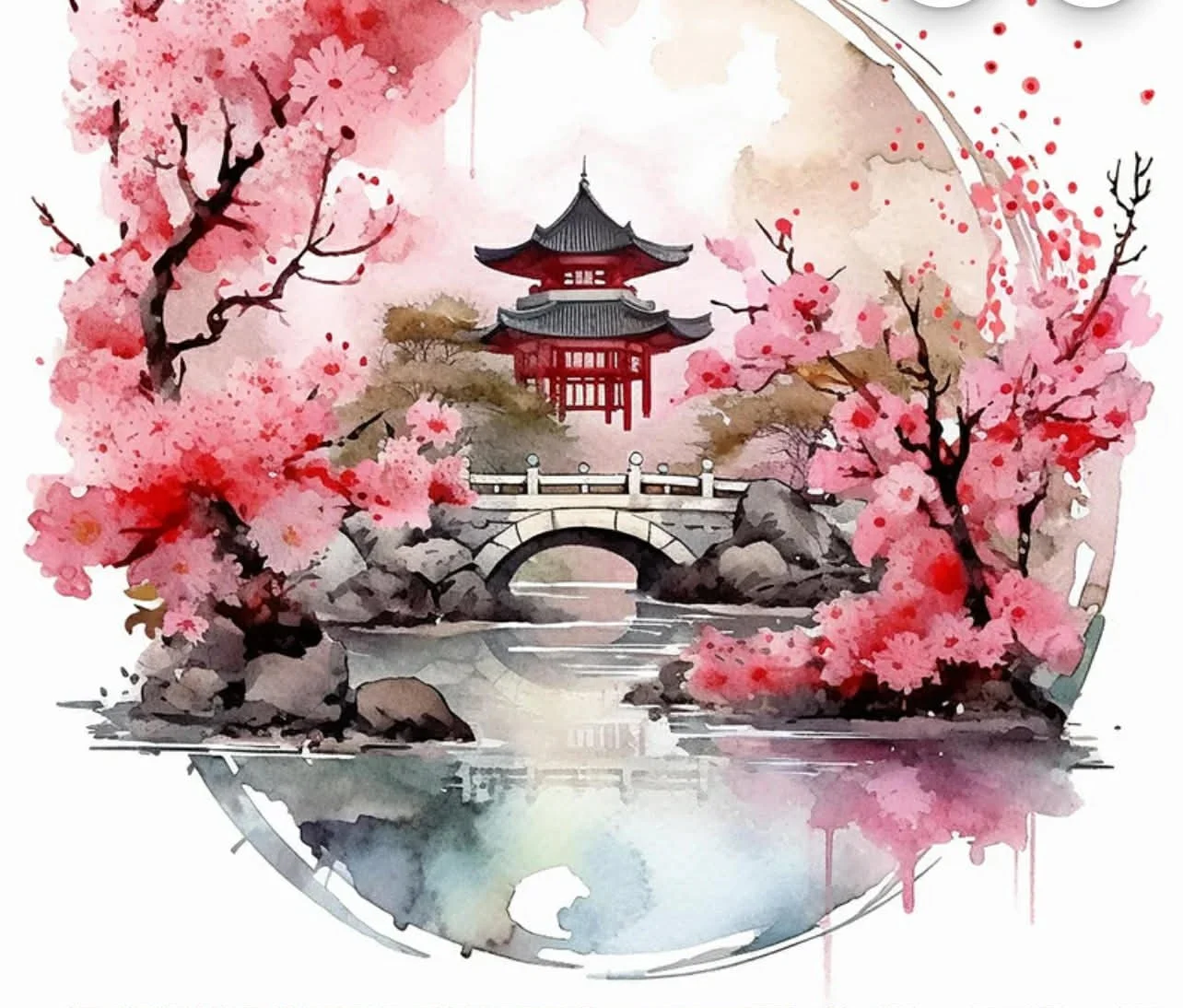 A watercolor painting of a traditional Japanese landscape with pink cherry blossom trees, a stone bridge over a pond, and a pagoda-style building in the background.