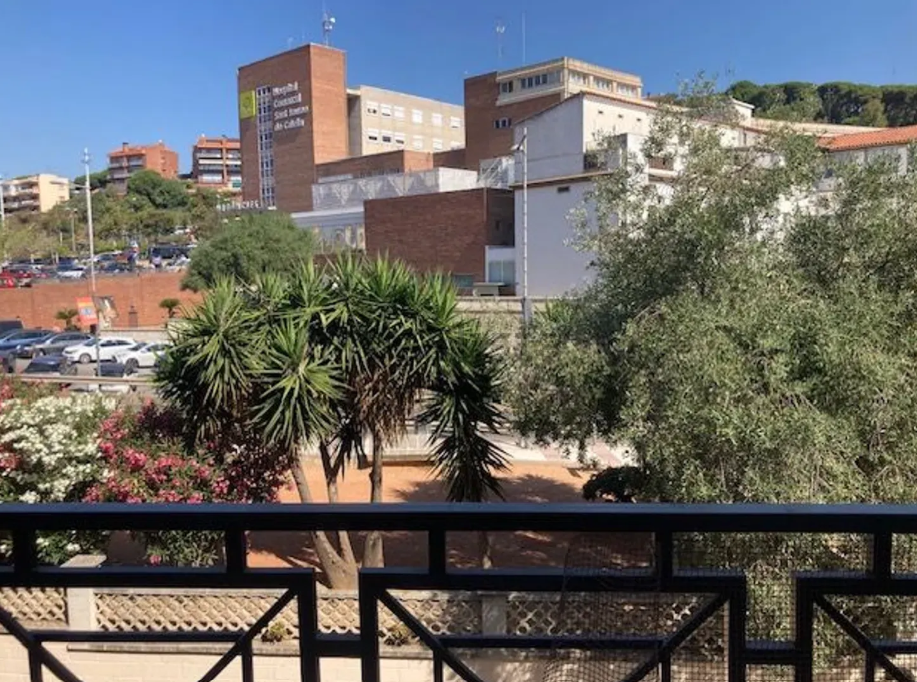 Vista desde un balcón con barandal negro, flores, árboles y edificios en el fondo bajo un cielo azul.