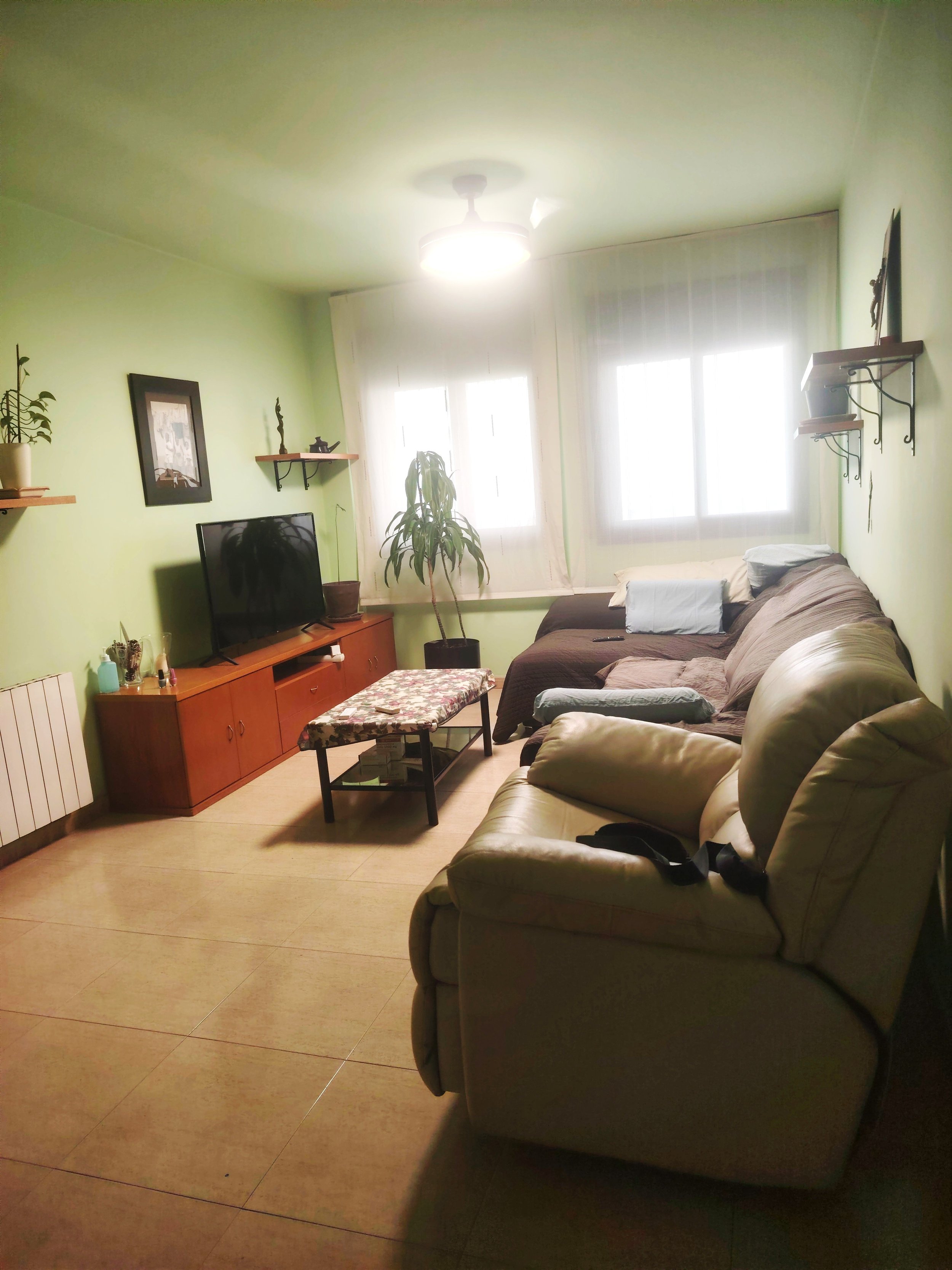 Sala de estar con sillón gris, mesa cuadrada con mantel floral, estanterías con decoraciones, televisión, plantas y ventanas con cortinas blancas.