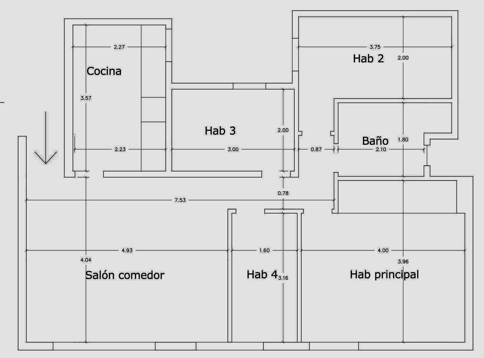 Plano de una vivienda con varias habitaciones etiquetadas. Cocina, Hab 2, Hab 3, Hab 4, Hab principal, Salón comedor y Baño, con dimensiones en metros.