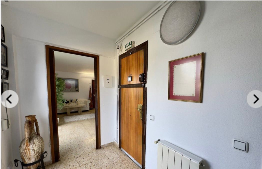 Entrada de un apartamento con puerta de madera, cuadro en la pared, radiador y decoraciones, vista hacia la sala con sillones y pintura en la pared.