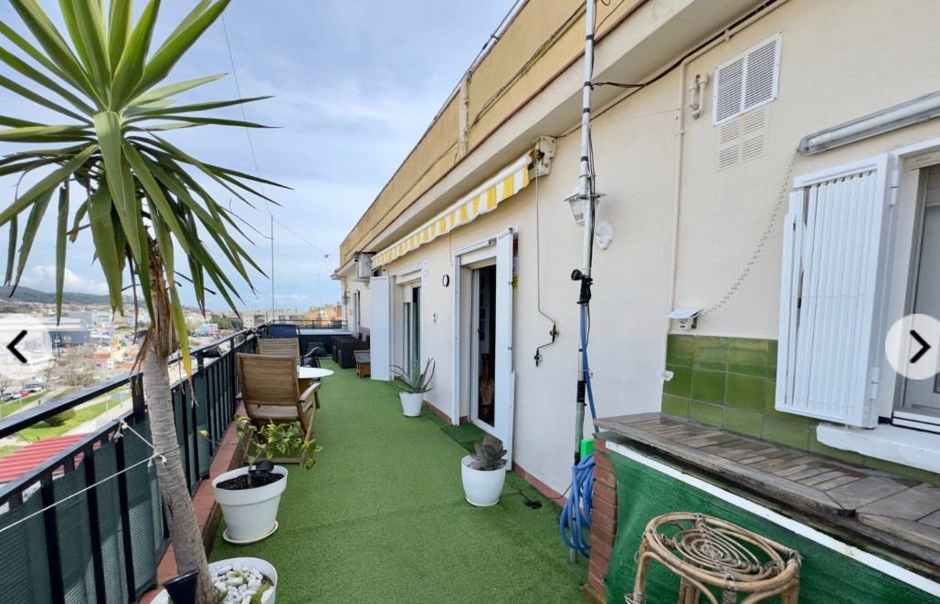 Terraza en un edificio con plantas en macetas, sillones y una vista del barrio en el fondo.