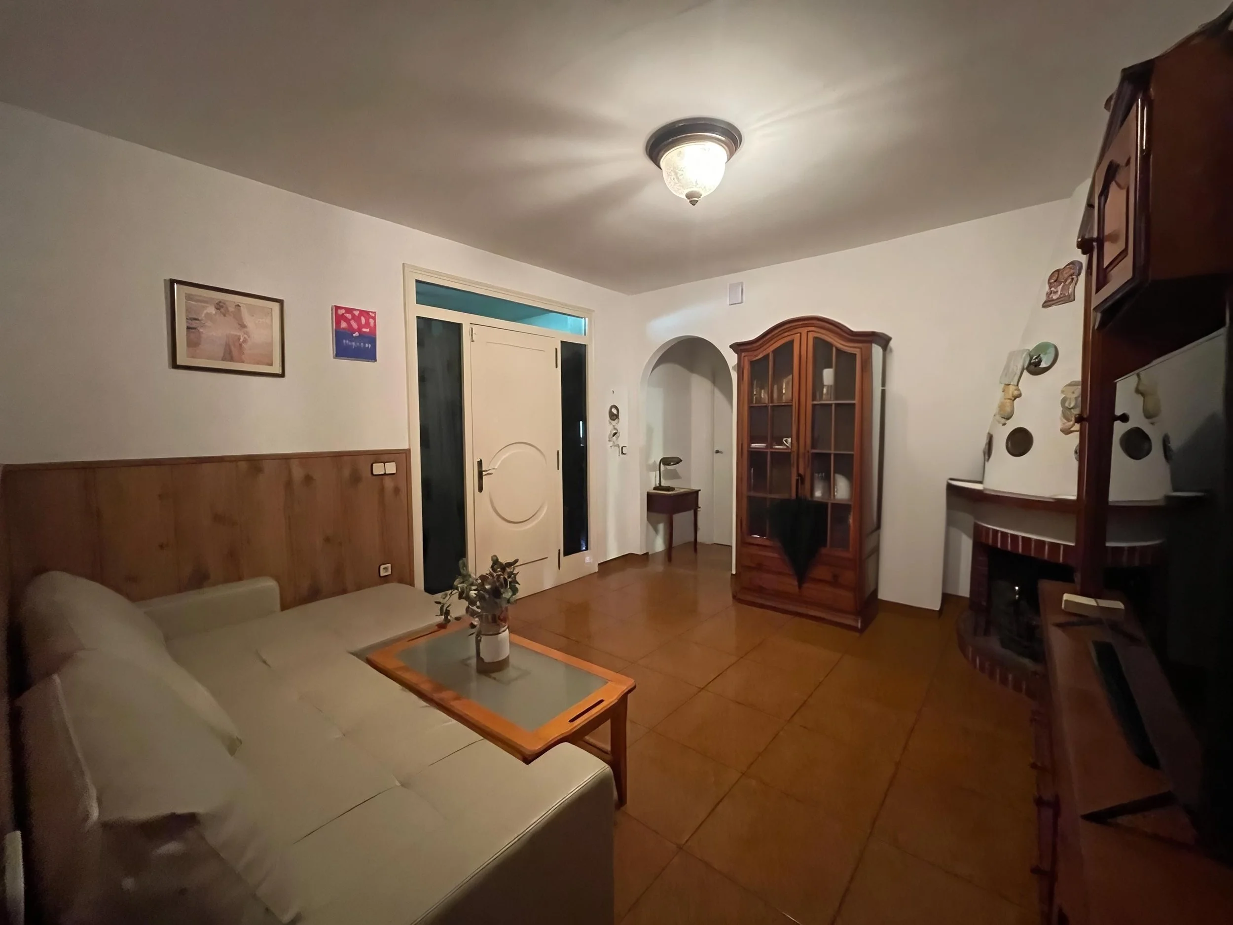 Sala de estar con sofá, mesa de café con flores, armario de madera, chimenea decorativa, y una lámpara de techo.